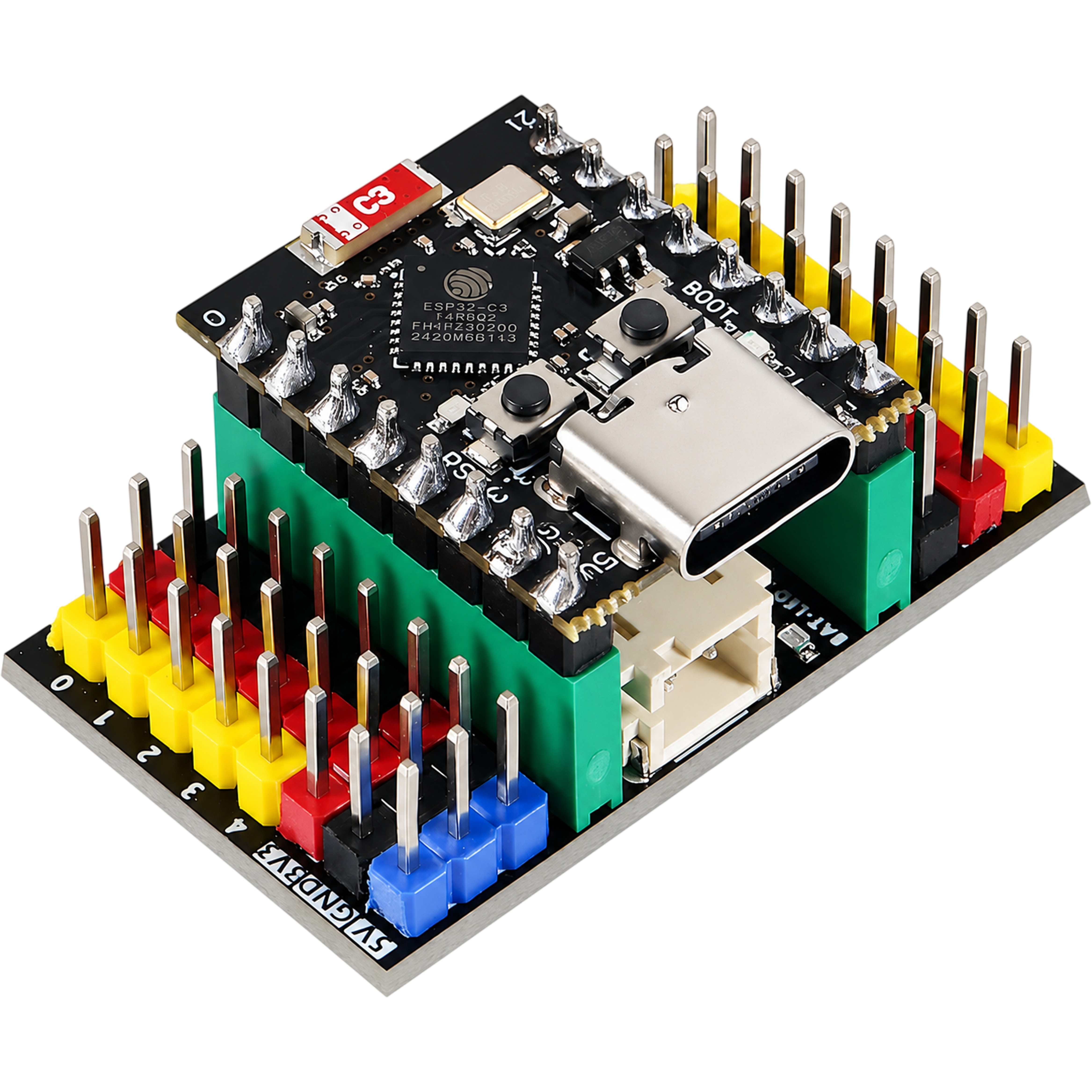ESP32-C3 SuperMini presoldered board seated on the expansion board with color coded pin rows