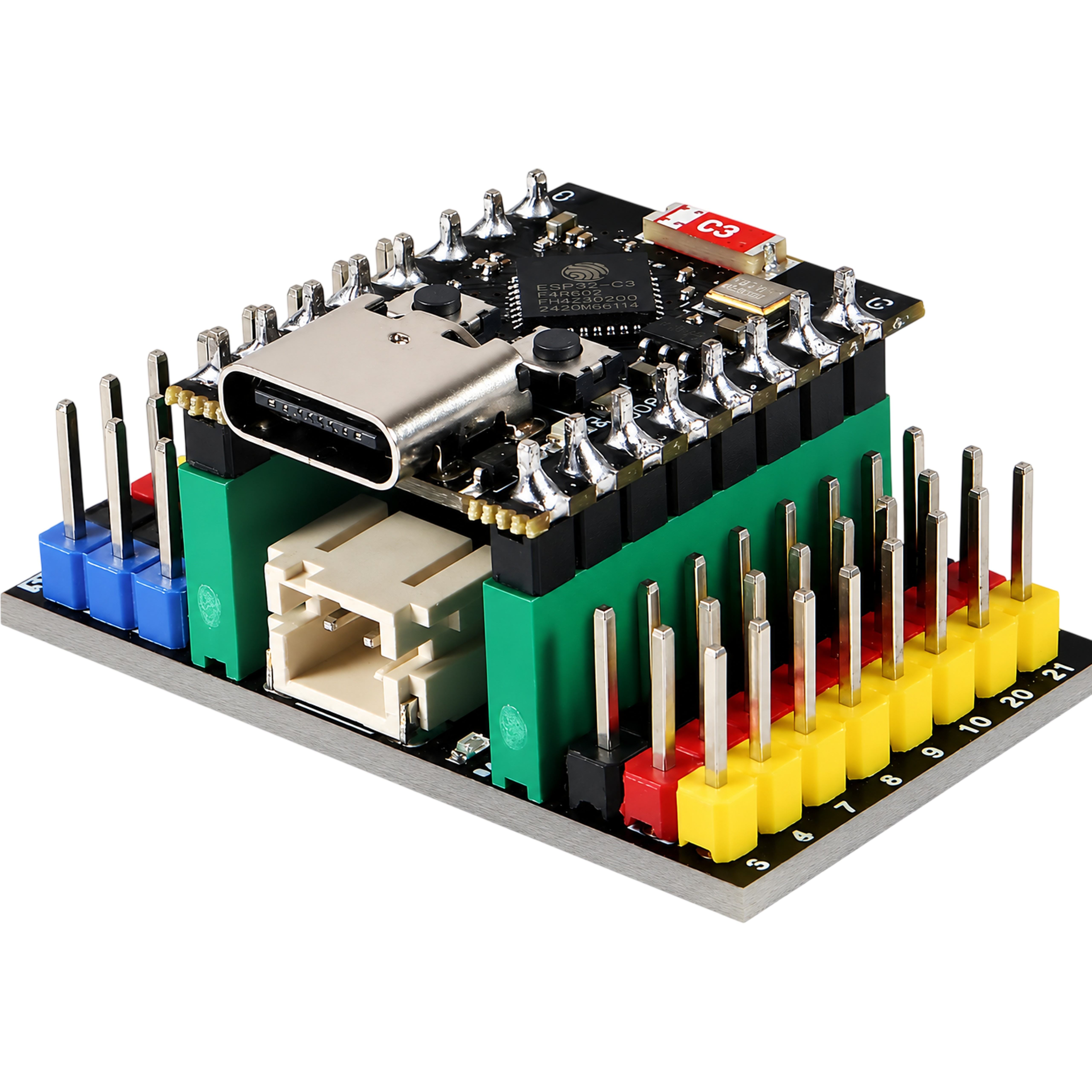 Close view of the combo showing the battery connector and the numbered GPIO breakout pins
