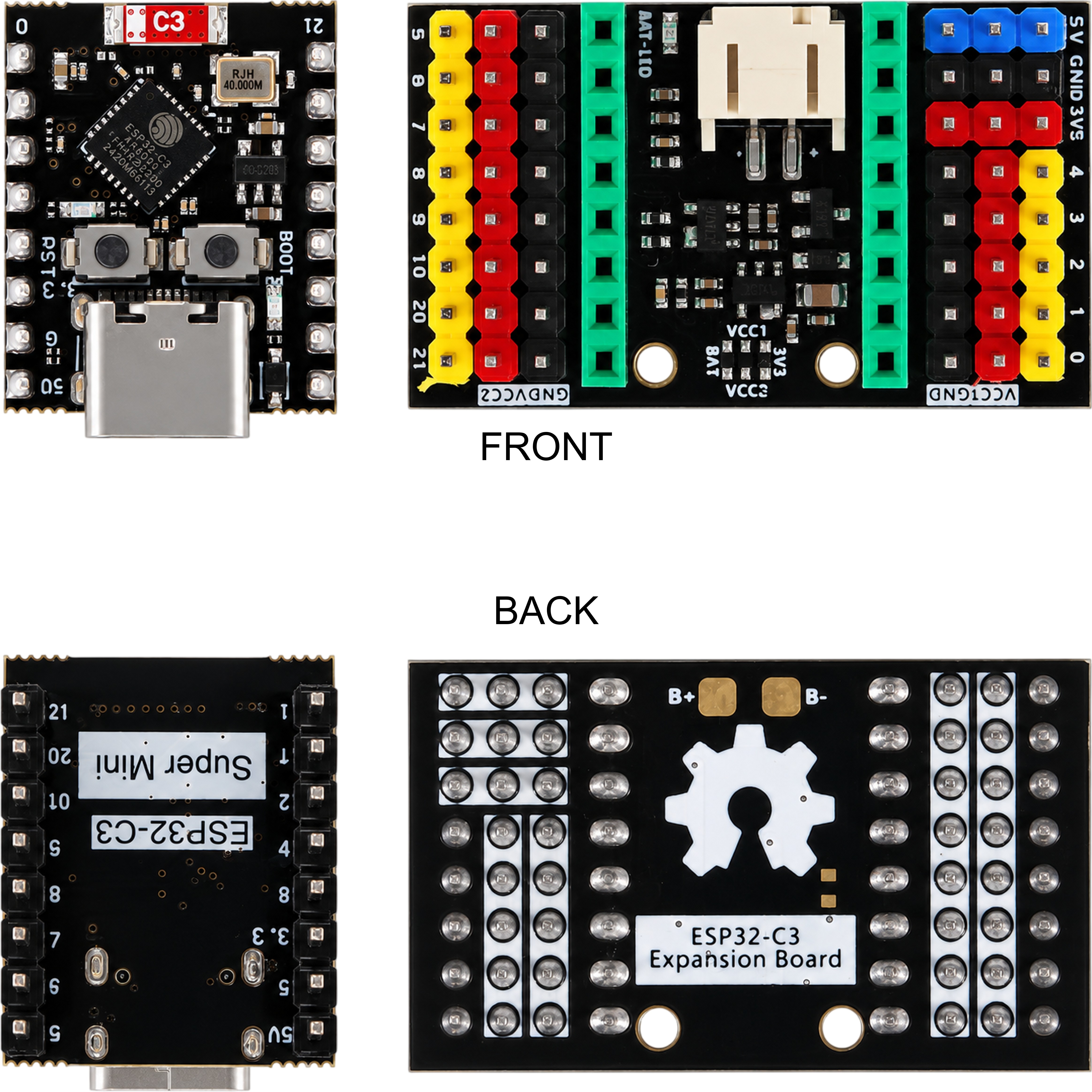 Front and back of the ESP32-C3 SuperMini and expansion board showing VCC1, VCC2 and battery pads