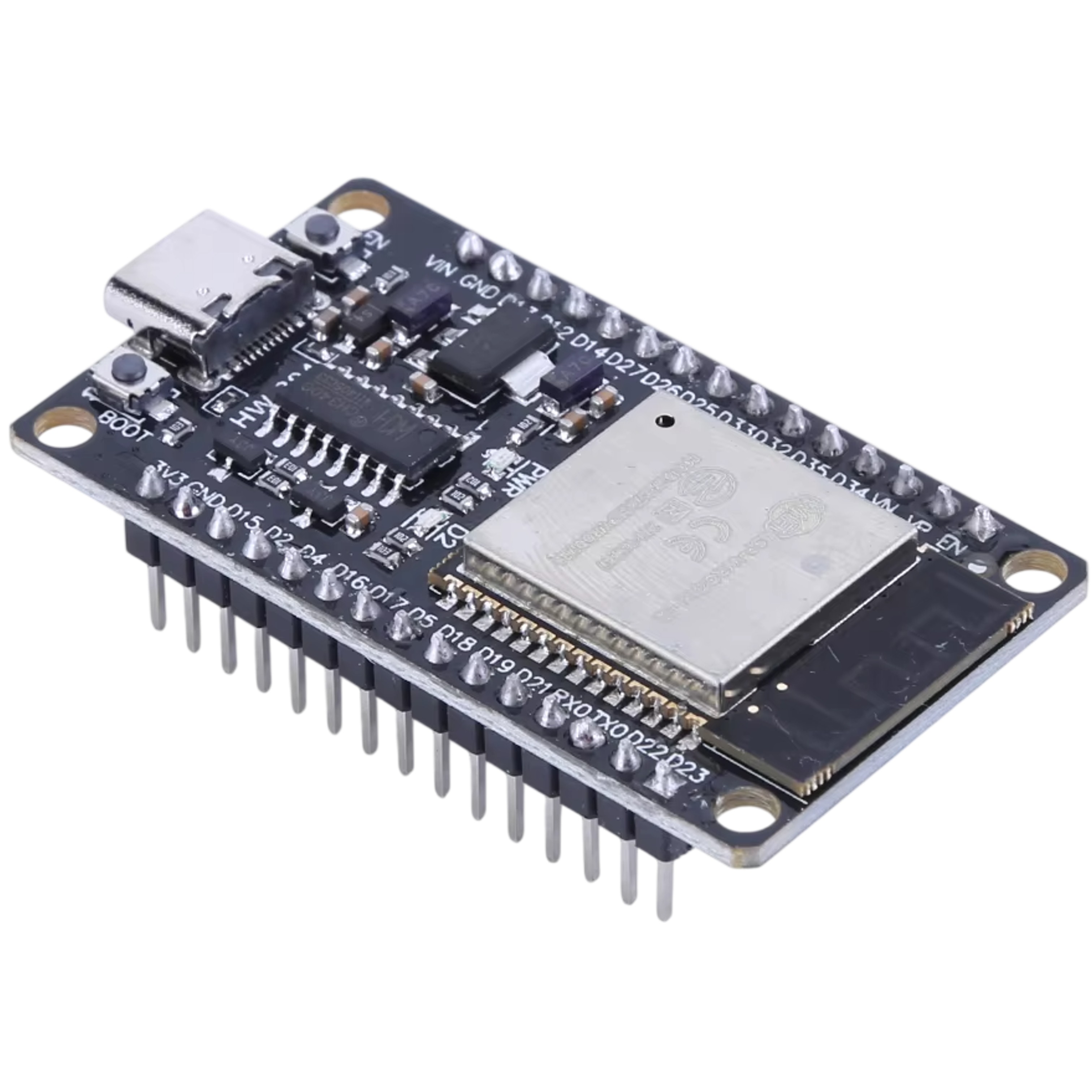ESP32 30-pin board top view showing presoldered header pins onboard antenna and RF components