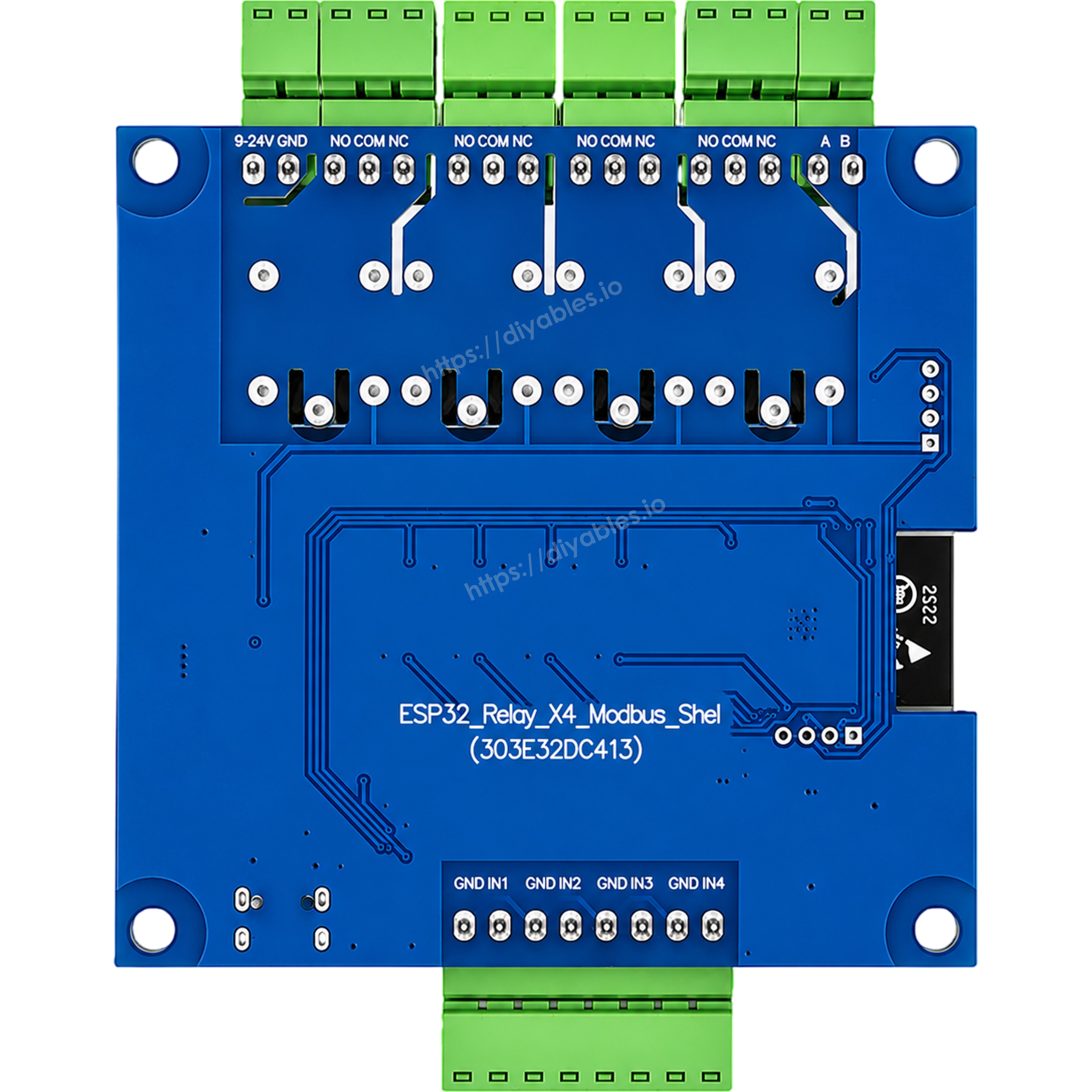 ESP32-S3 RS485 Modbus relay module back view showing NO COM NC screw terminals RS485 A B and IN1 to IN4 optocoupler inputs