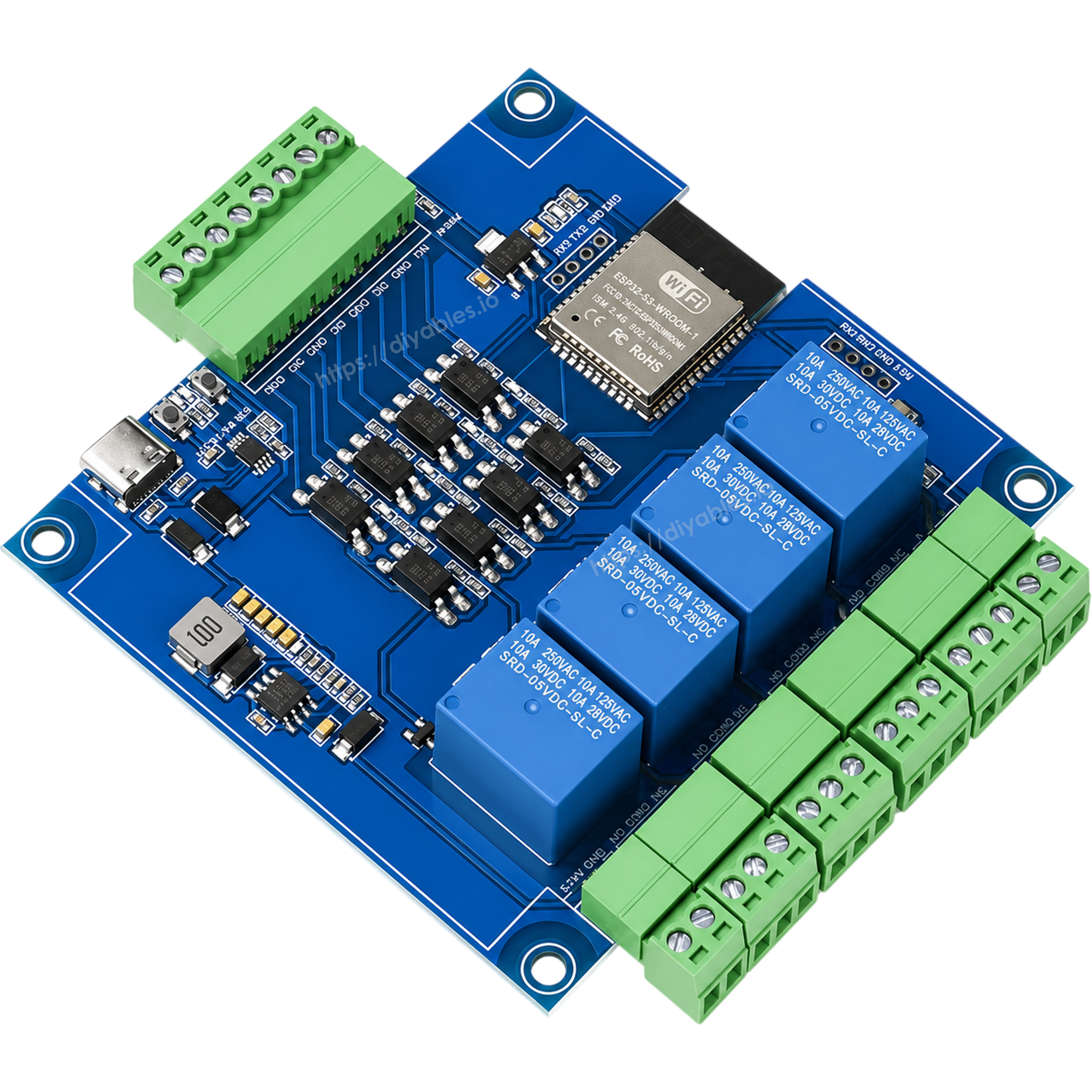 ESP32-S3 RS485 Modbus relay module angled view showing USB Type-C port relay modules and terminal blocks