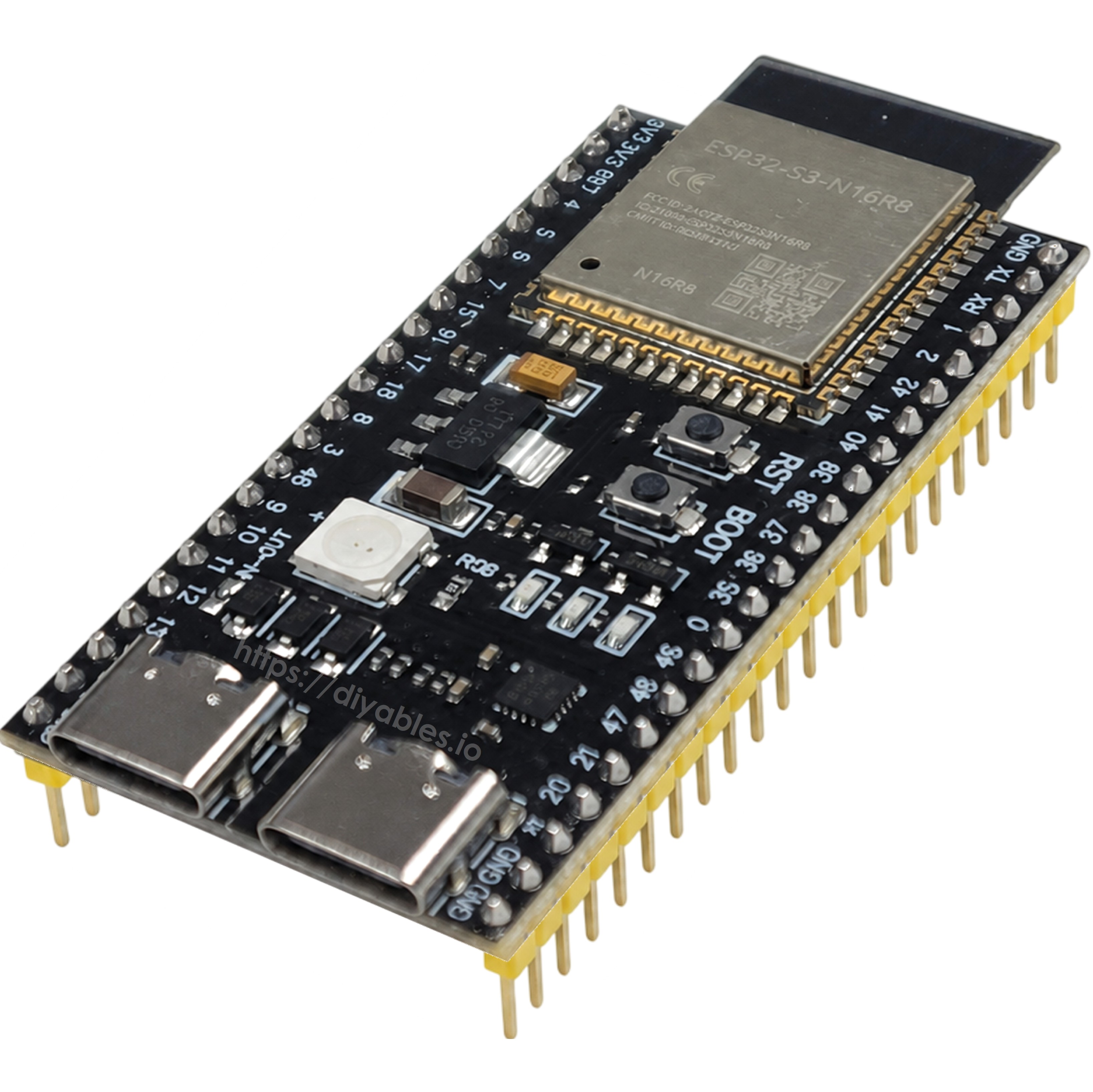 ESP32-S3 development board pinout diagram showing GPIO pins dual USB Type-C ports and module layout