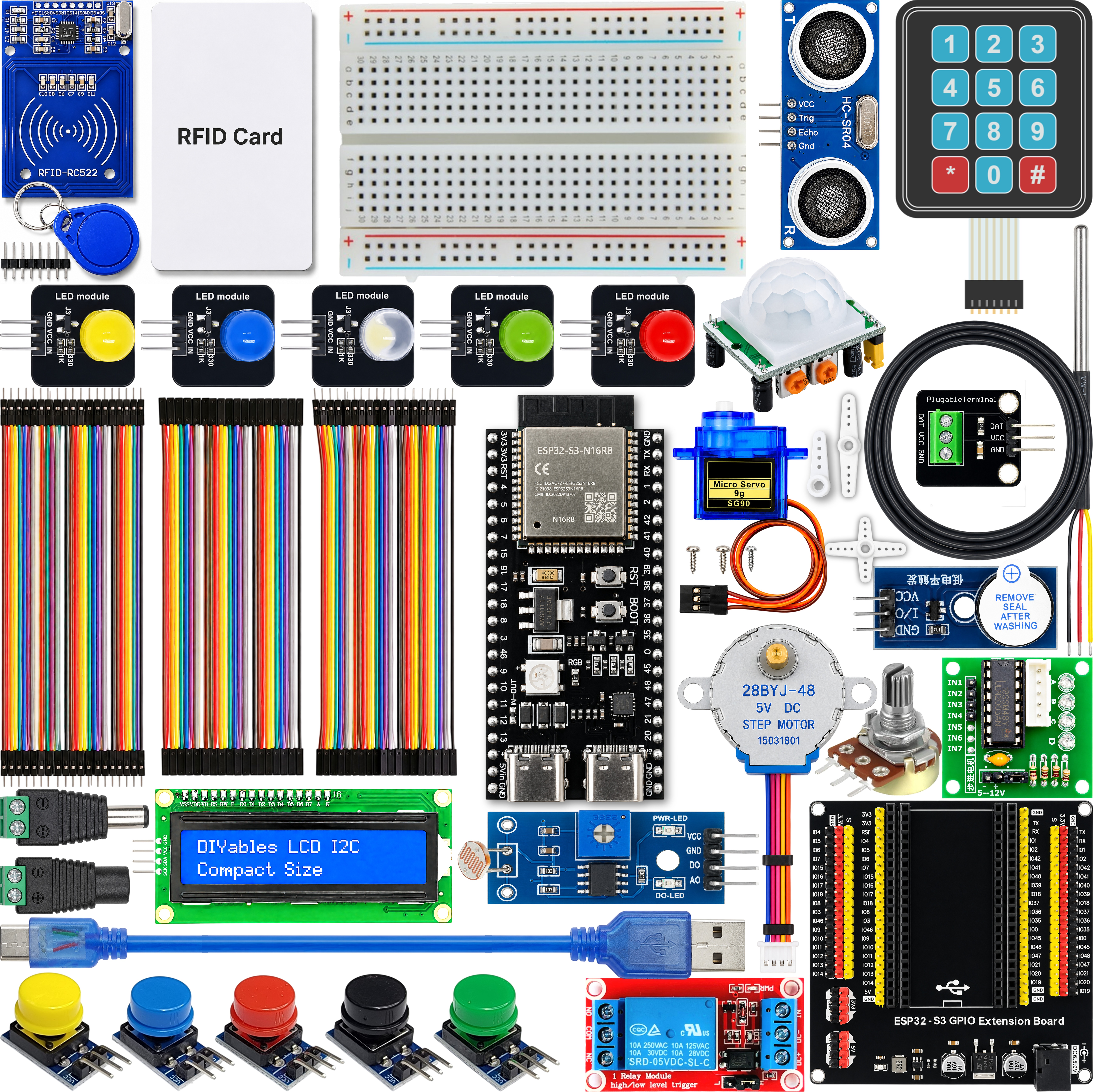 Full component layout of the ESP32 S3 kit with breadboard jumper wires modules and expansion board