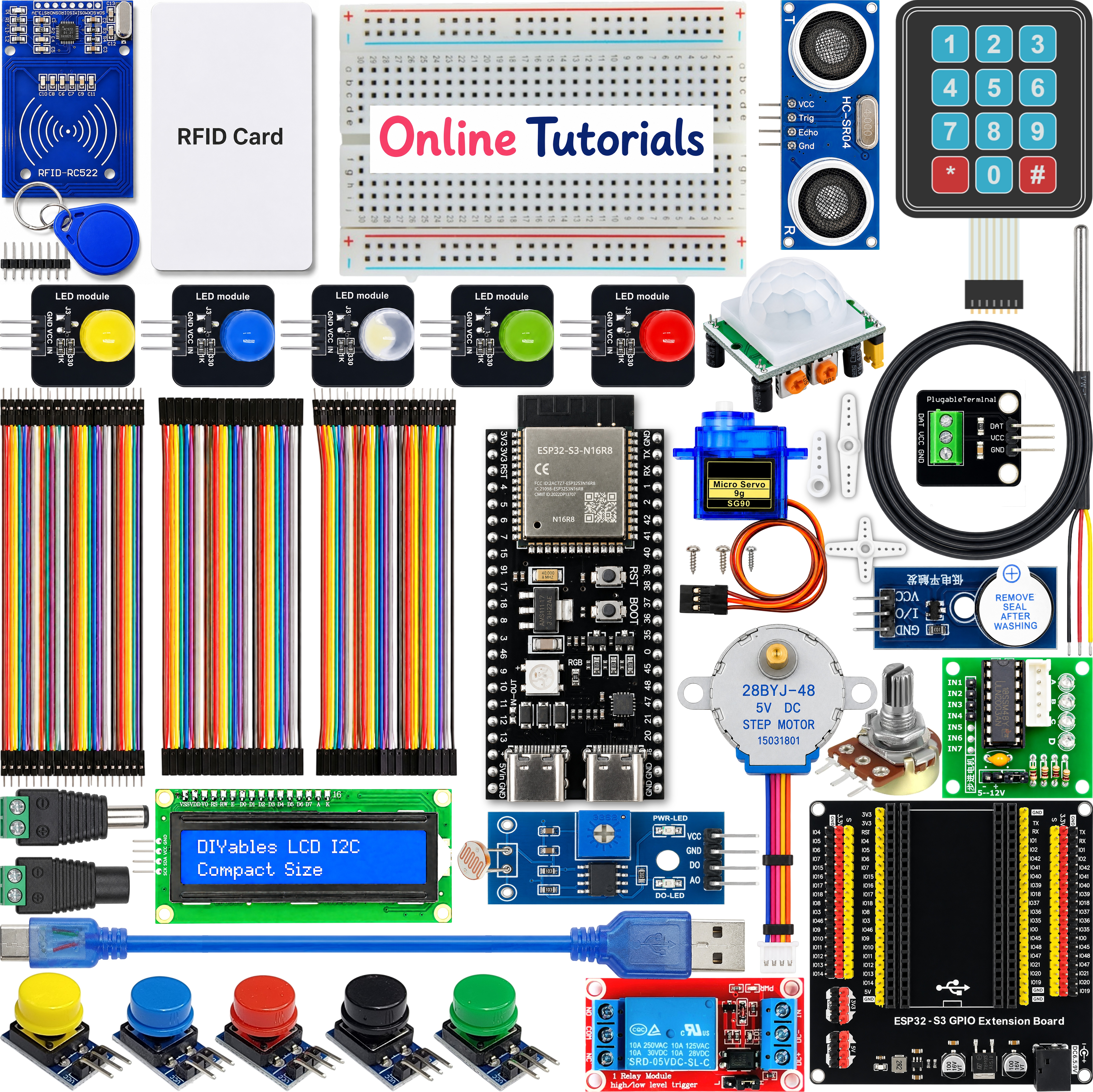 DIYables ESP32 S3 Starter Kit showing all 23 components including board sensors RFID LCD and motors