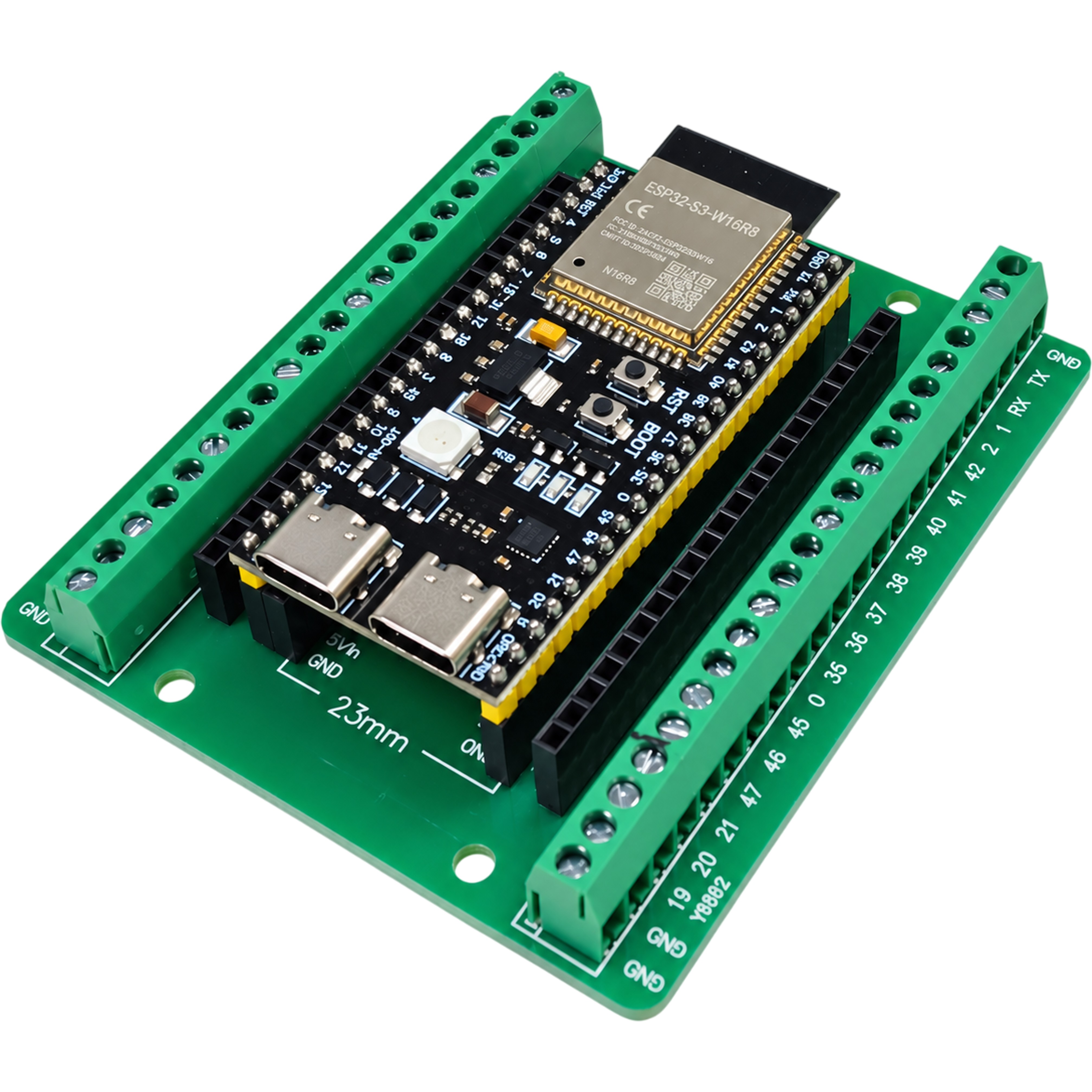 ESP32-S3-WROOM-1-N16R8 dev board mounted on the green screw terminal adapter board
