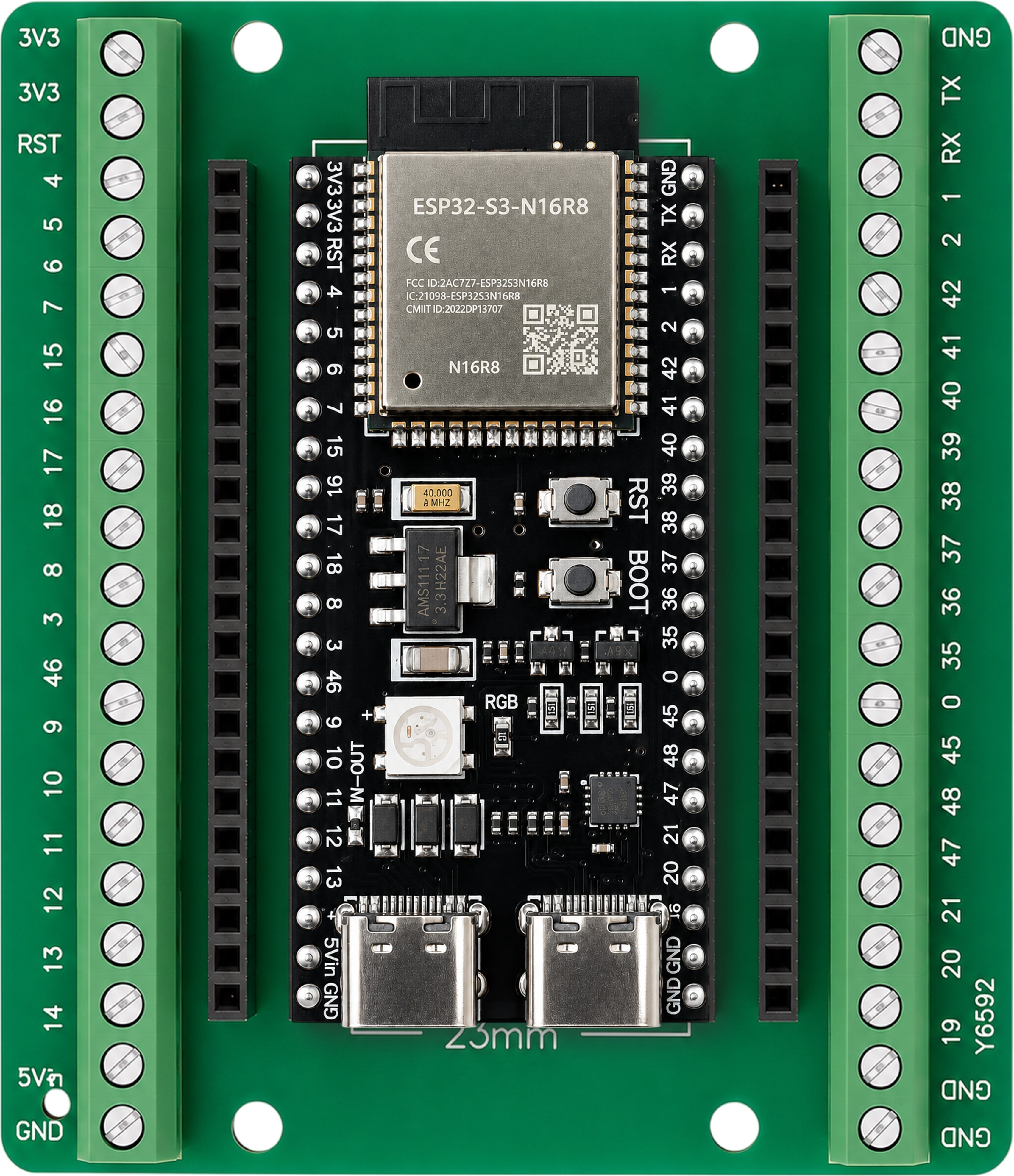 Top view of the stacked combo with every pin labeled on both screw terminal rows
