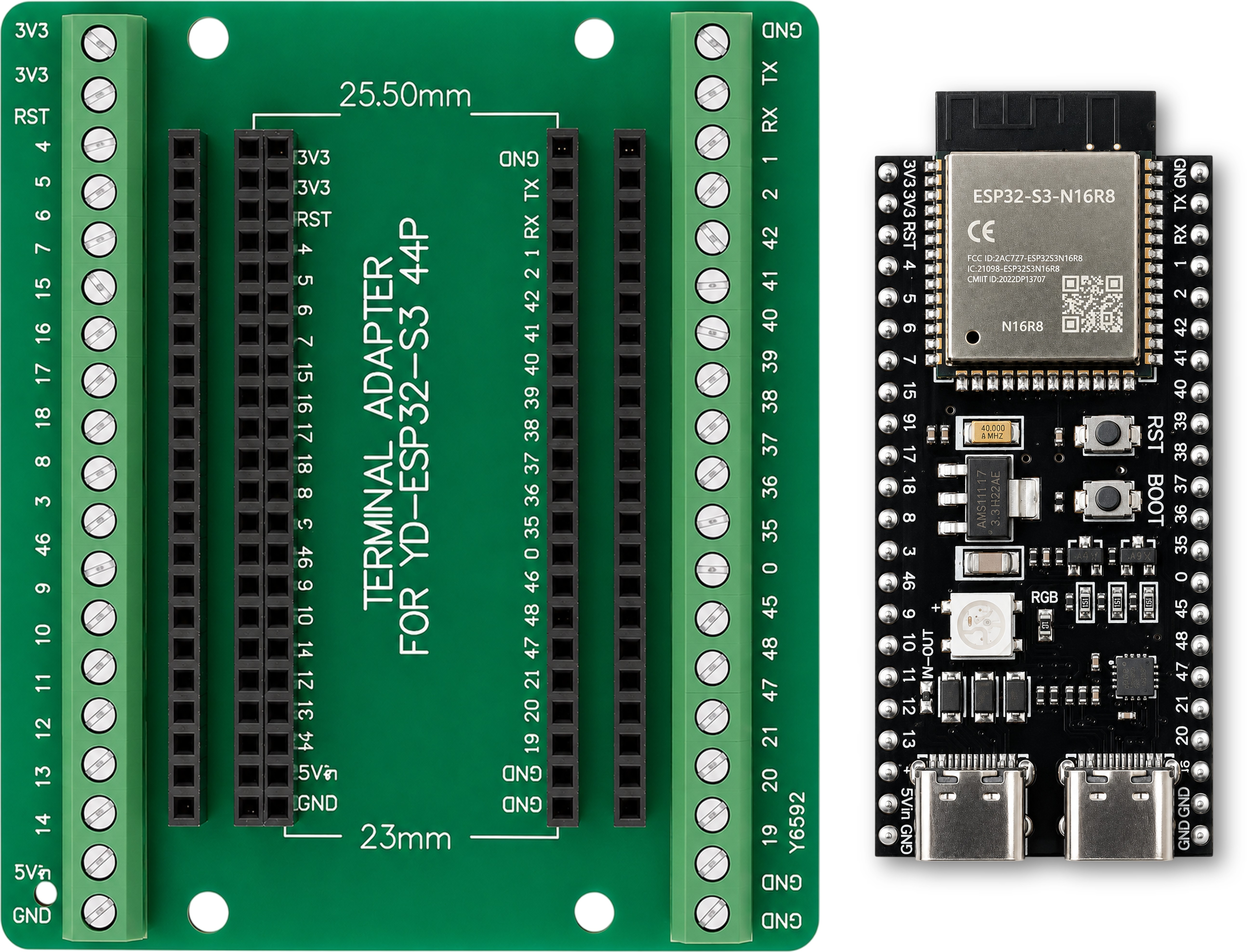 Terminal adapter for YD-ESP32-S3 44P shown beside the ESP32-S3-N16R8 development board