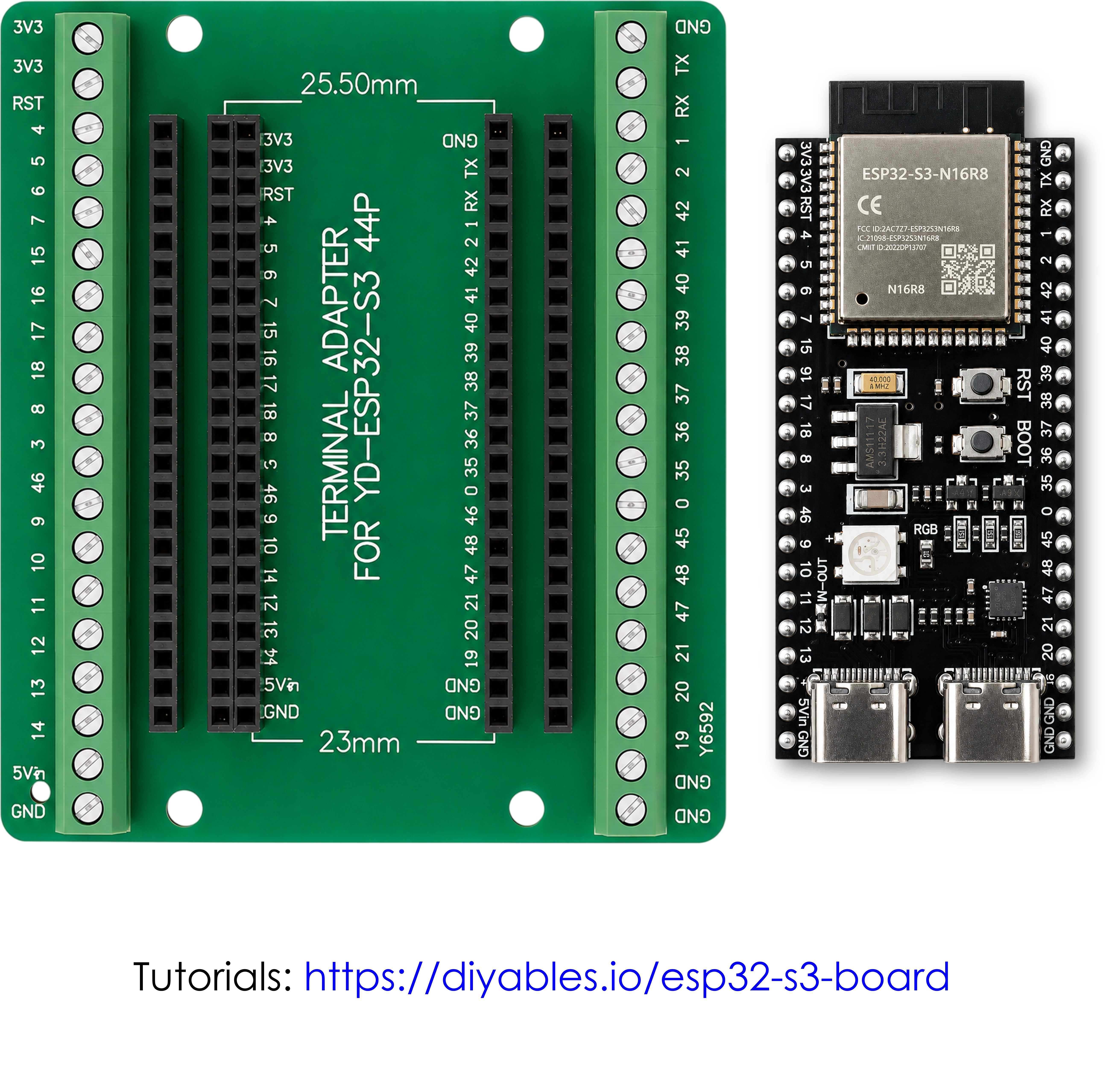 Screw terminal adapter and ESP32-S3 board with the online tutorial link printed below