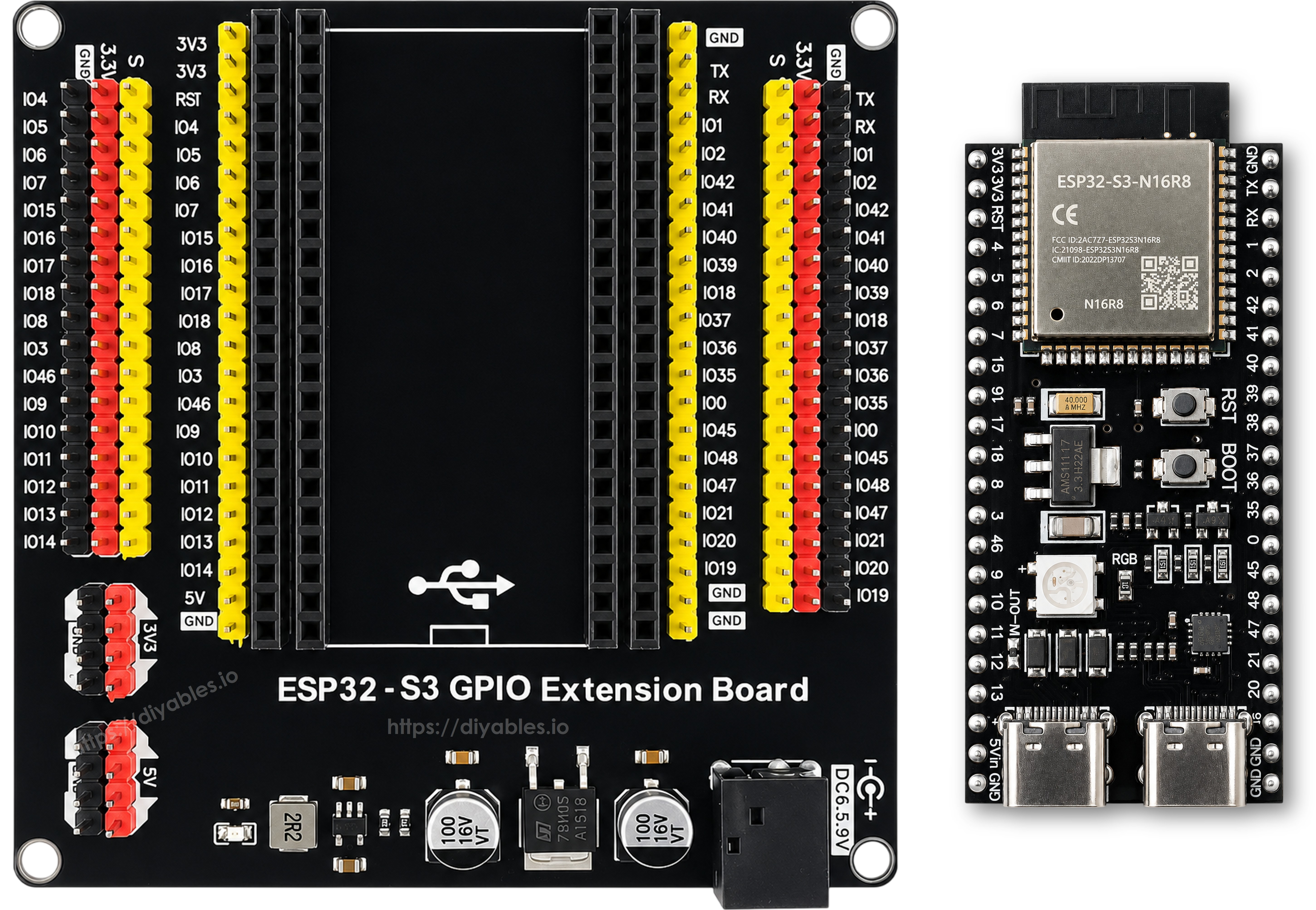 ESP32-S3 GPIO extension board shown beside the ESP32-S3-WROOM-1-N16R8 development board
