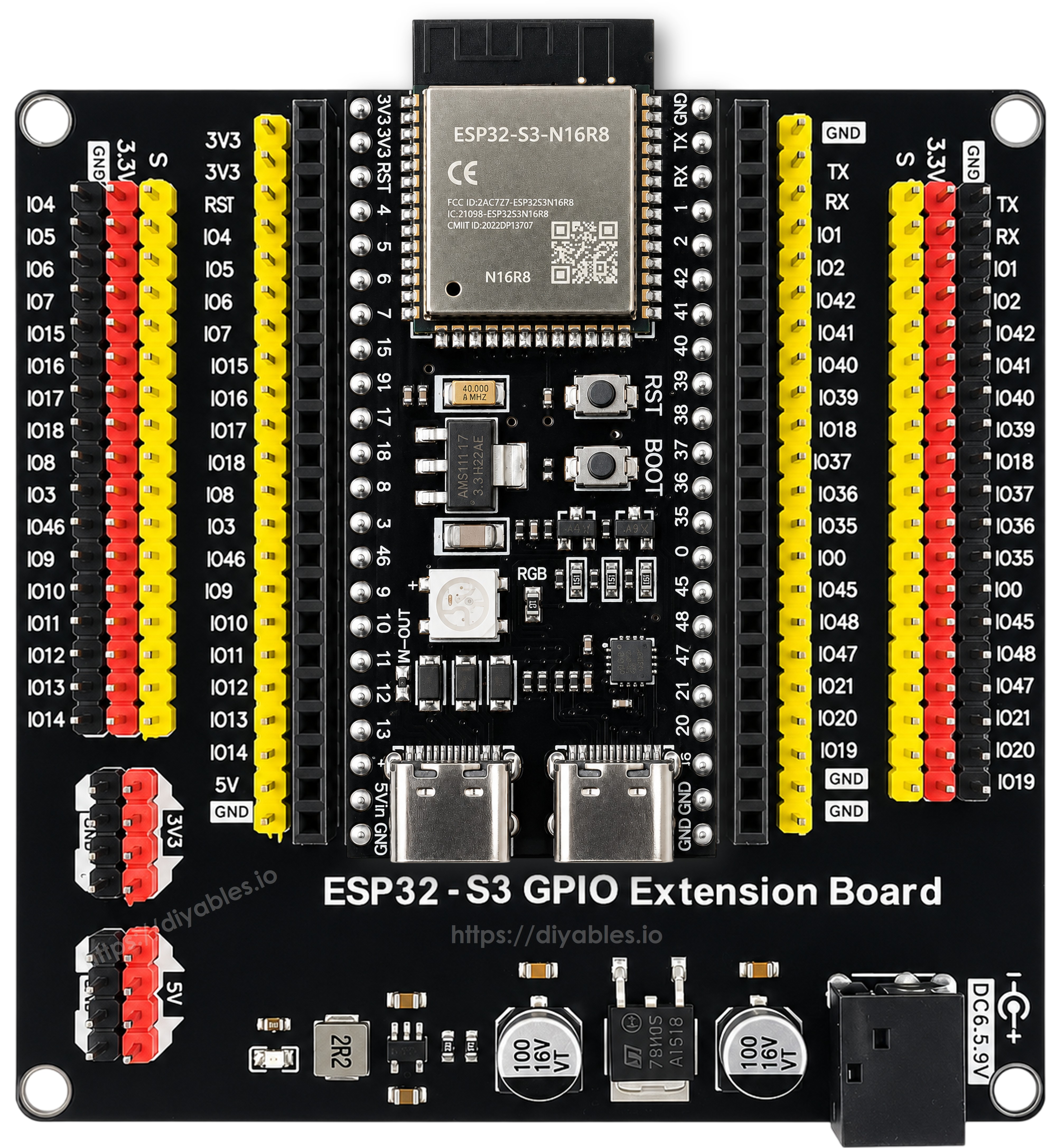 ESP32-S3-N16R8 dev board seated in the extension board socket surrounded by GVS pin rows