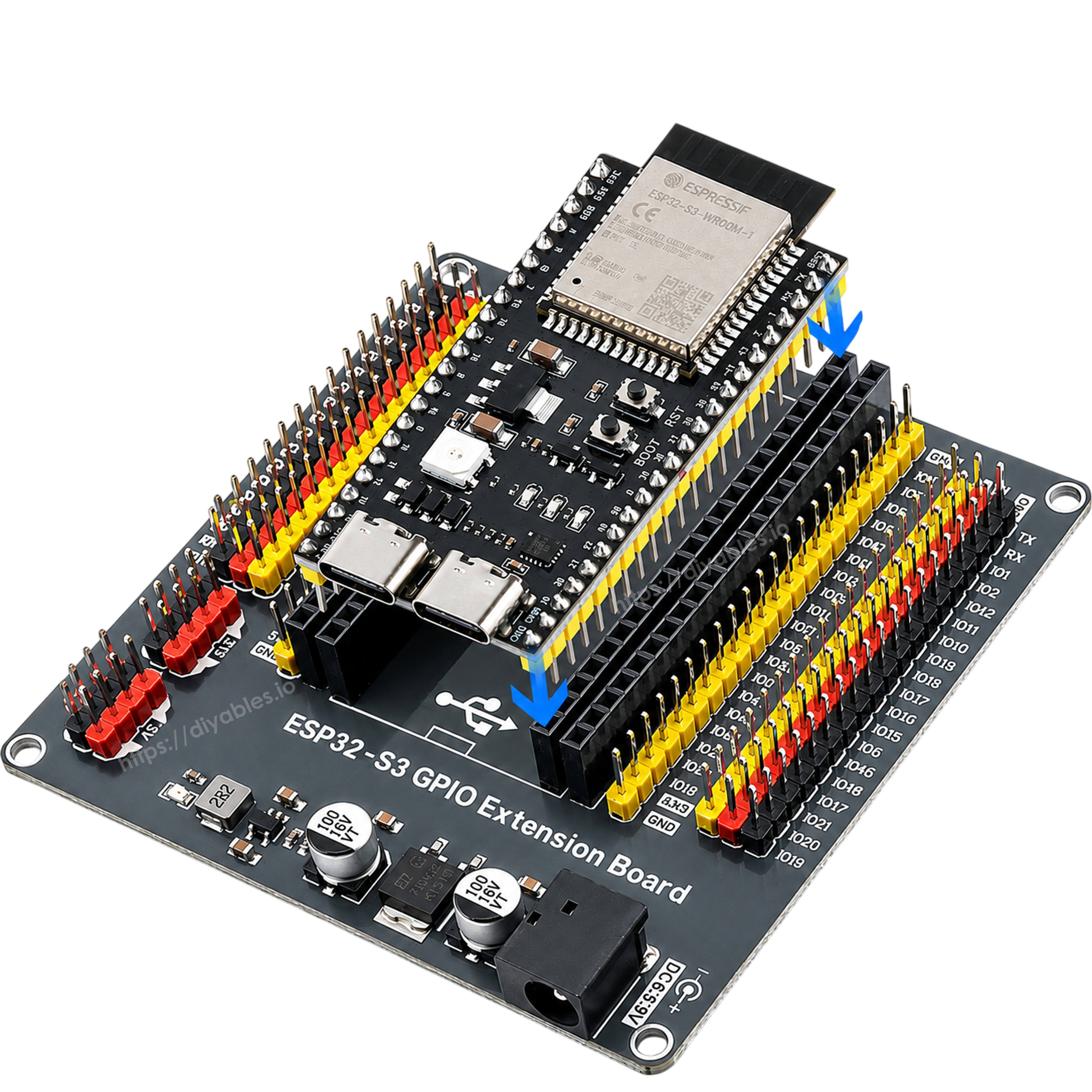 ESP32-S3-WROOM-1 board being inserted into the solder free 44 pin socket of the extension board