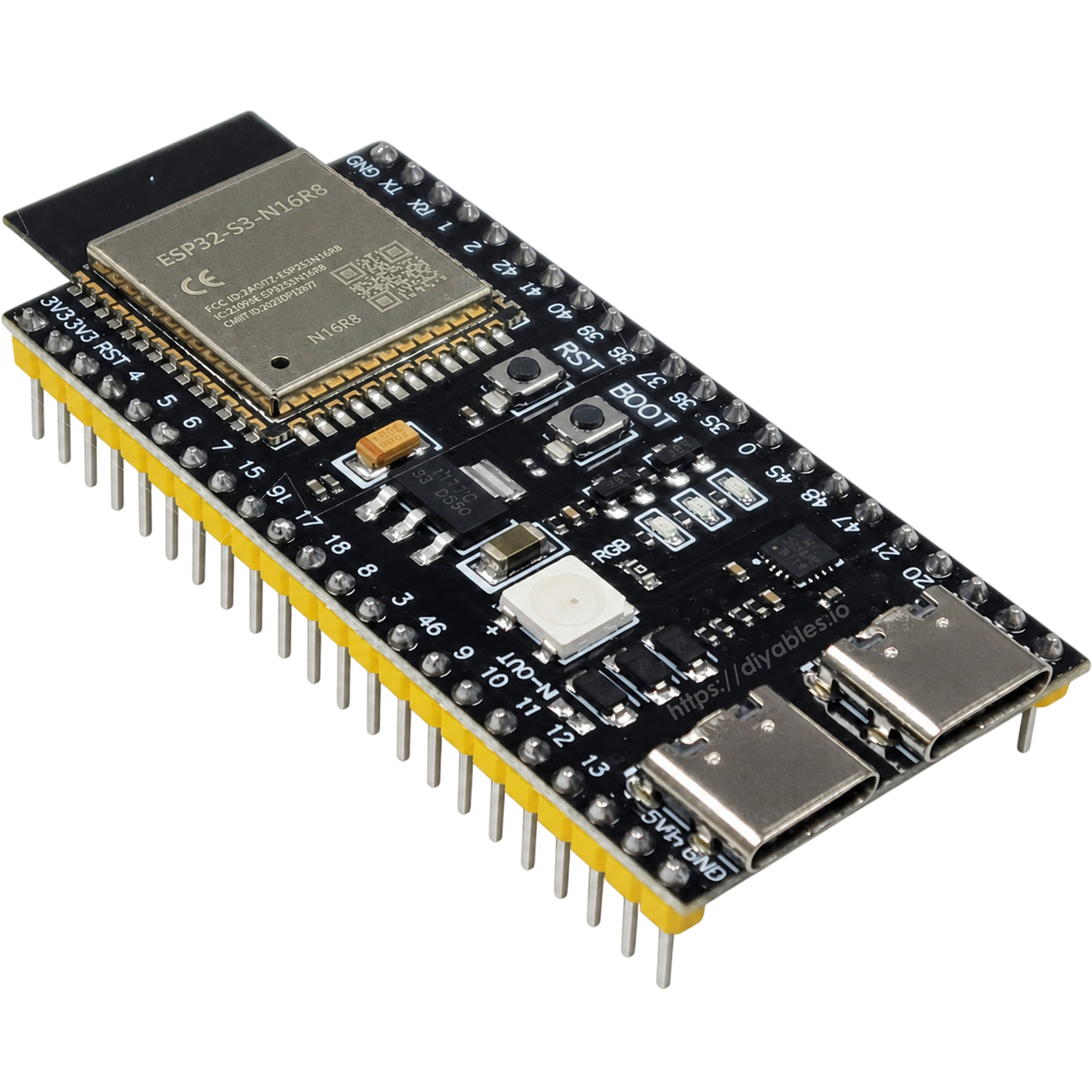 ESP32-S3-WROOM-1-N16R8 development board angled view showing dual USB Type-C ports and RGB LED