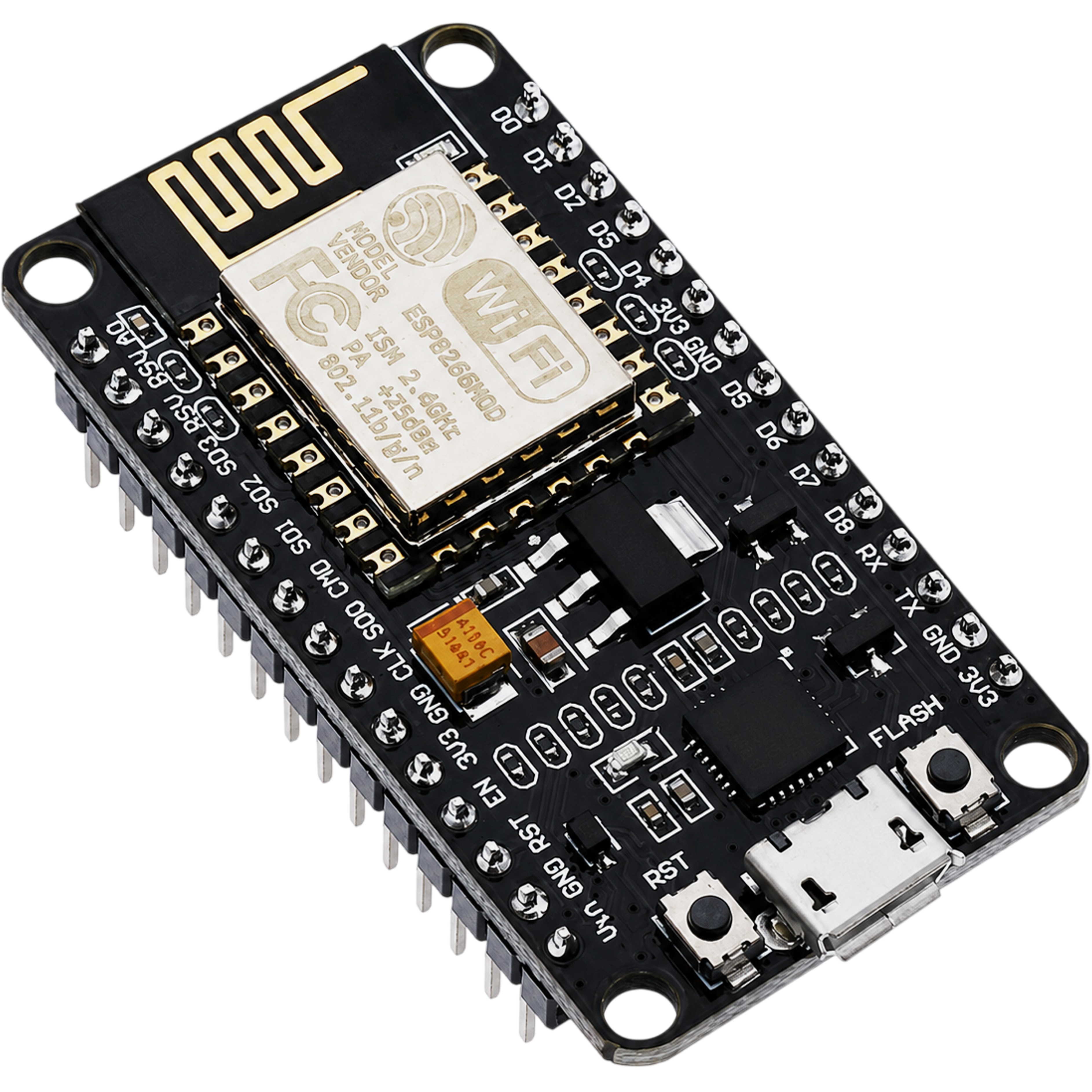 ESP8266 ESP-12F NodeMCU board pinout diagram showing GPIO pins and CP2102 USB interface