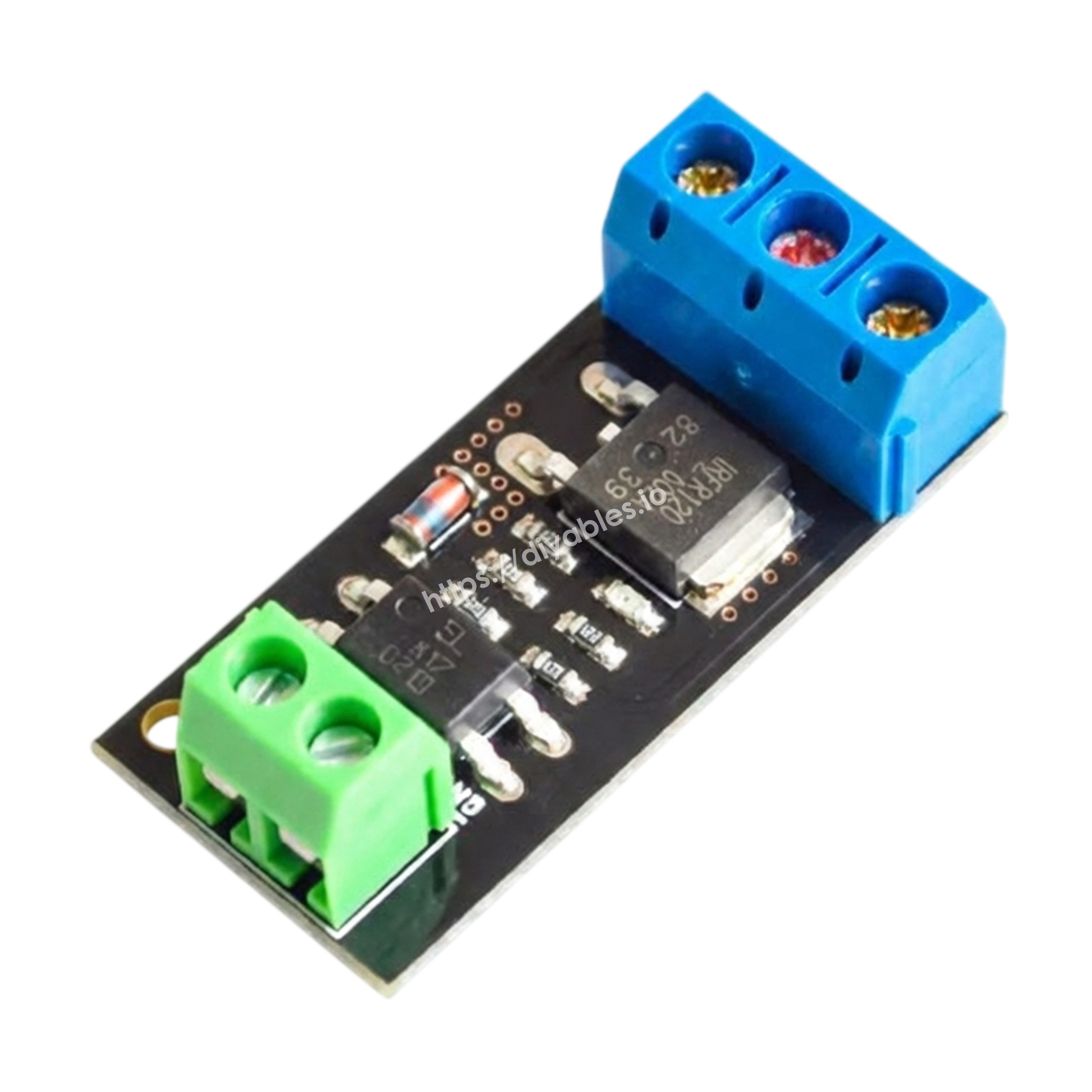 FR120N MOSFET switch module with optocoupler isolation showing input and output terminals