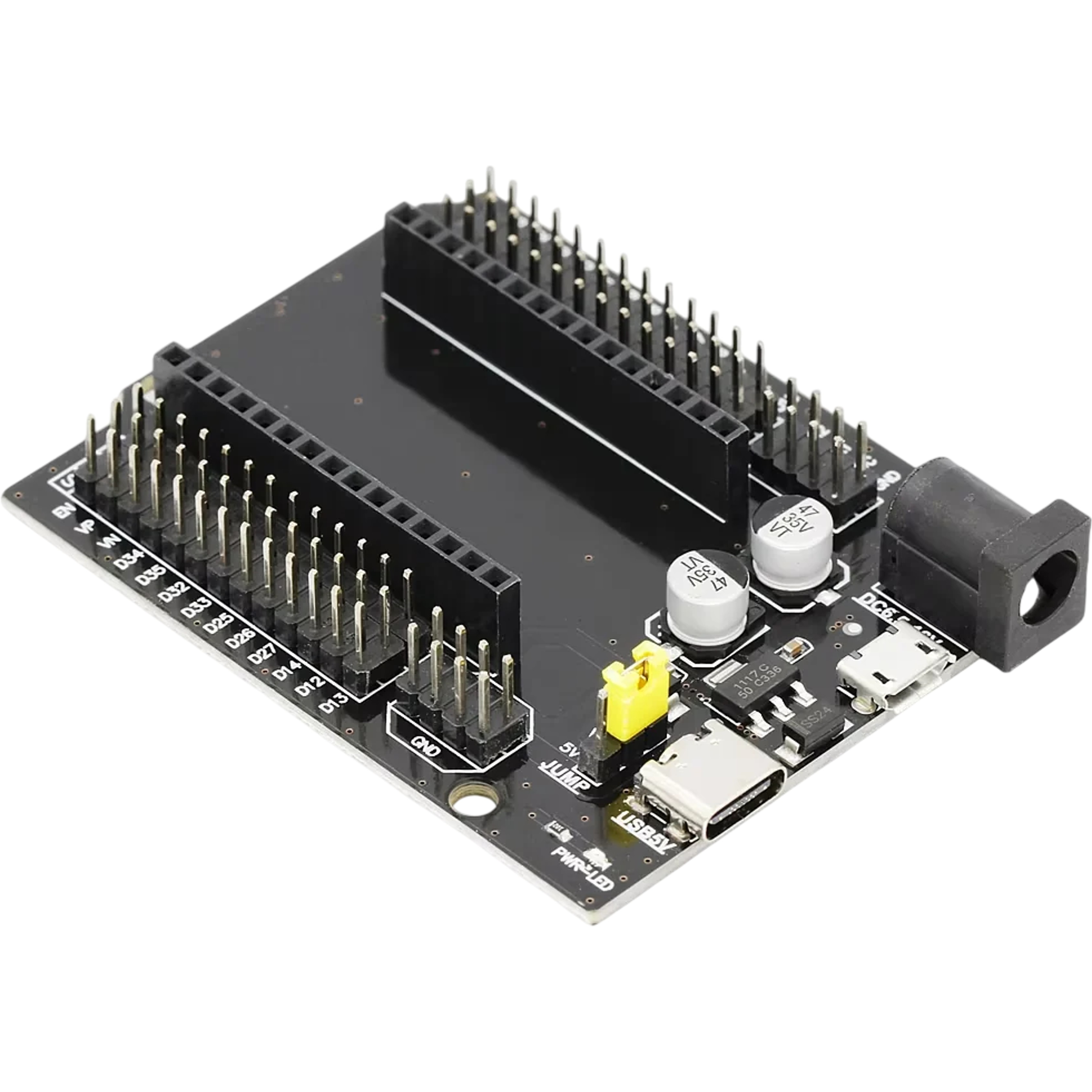 ESP32 GPIO breakout expansion shield angled view showing JUMP voltage selector dual USB ports and DC power jack