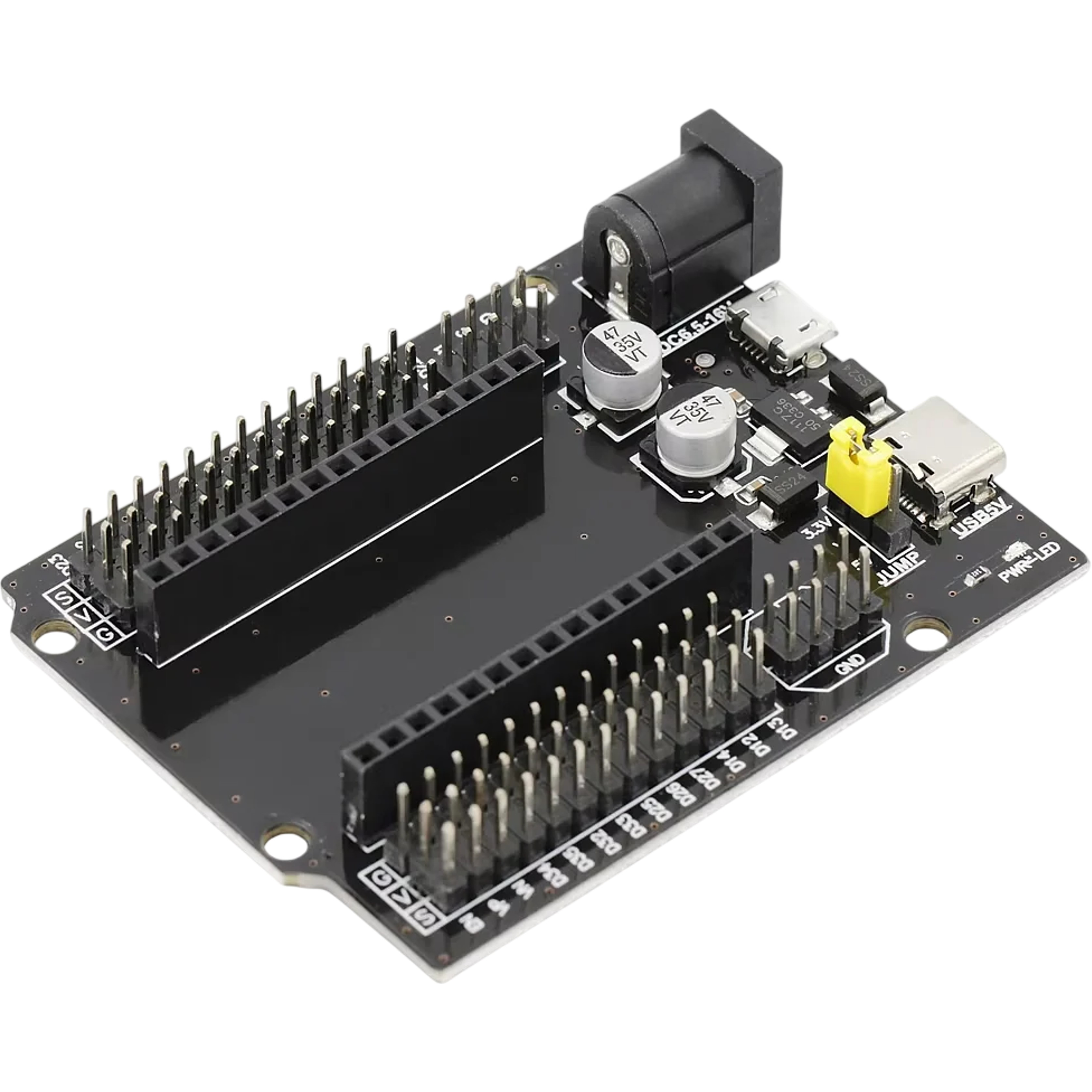 ESP32 GPIO breakout expansion shield alternate angle showing DC barrel jack Micro USB USB-C and GND header