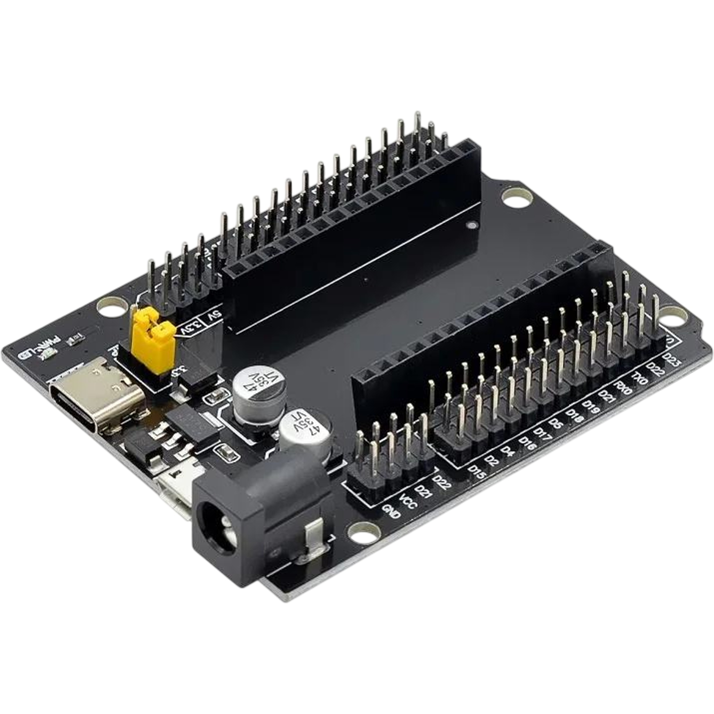 Three ESP32 GPIO breakout expansion shields shown together from different angles highlighting JUMP jumper and USB ports