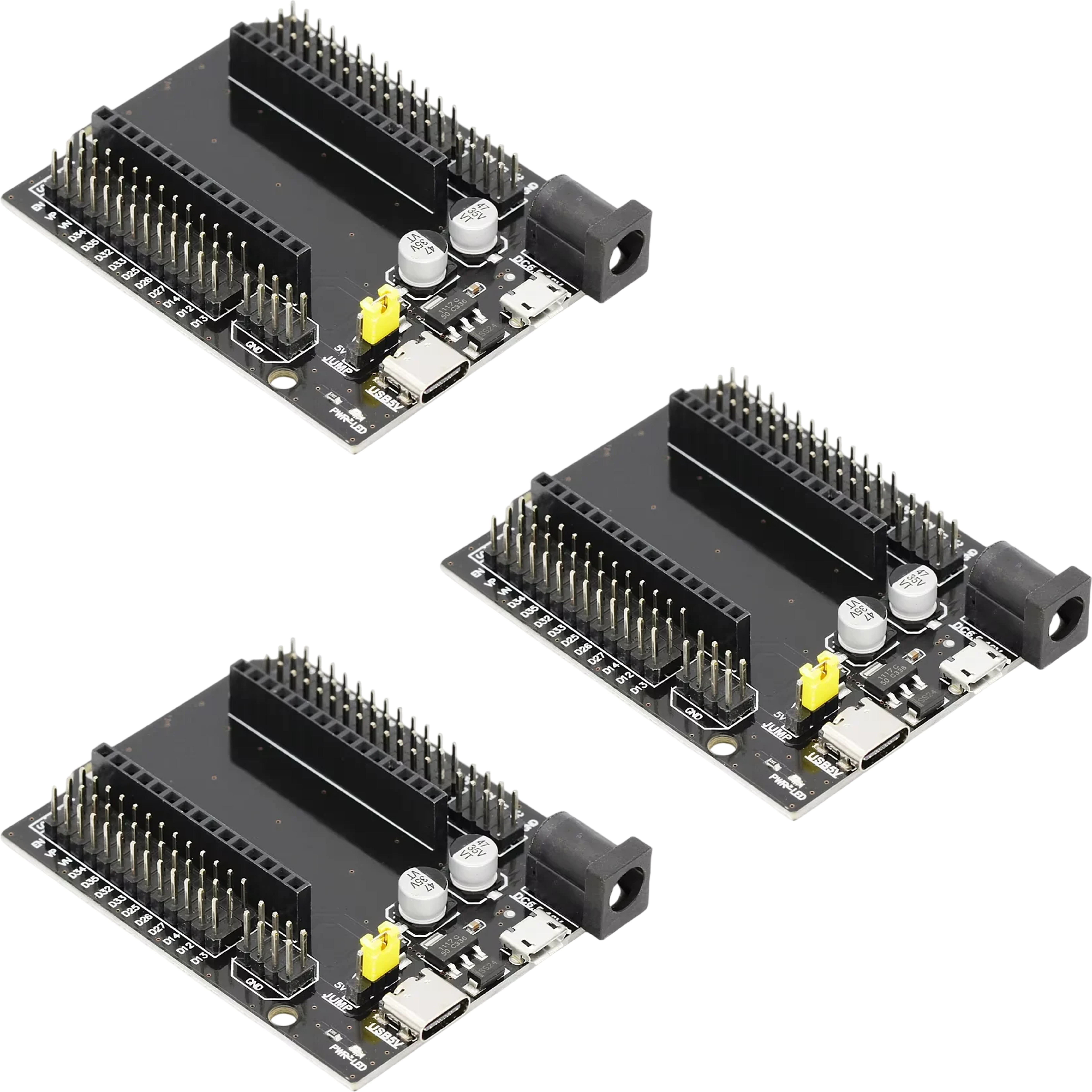 ESP32 GPIO breakout expansion shield close-up showing S V G pin header rows and JUMP voltage selector