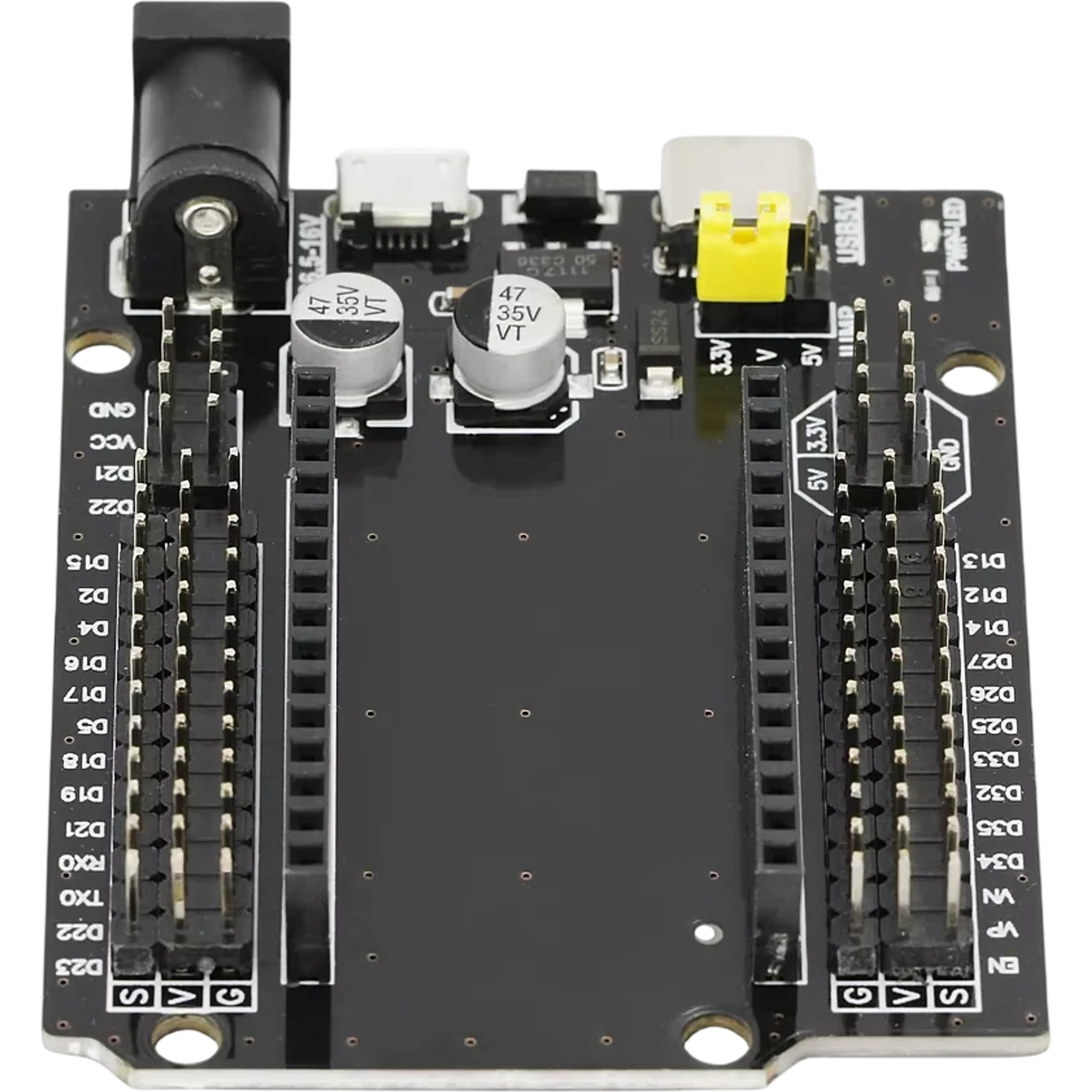 ESP32 GPIO breakout expansion shield top-down view showing full D pin GPIO labels on both header rows