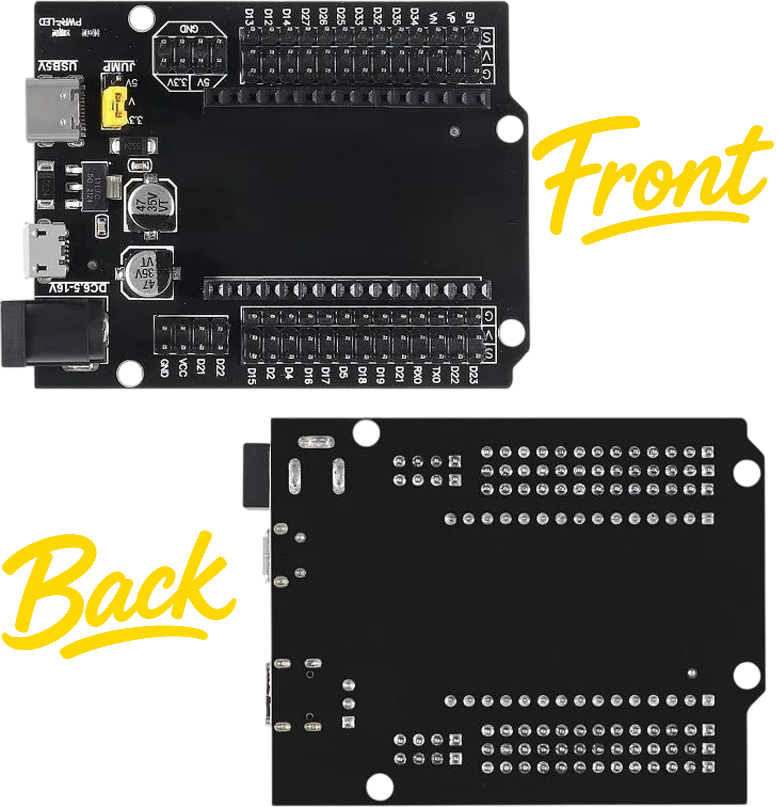 ESP32 GPIO breakout expansion shield front and back PCB view showing through-hole pads and pin labels