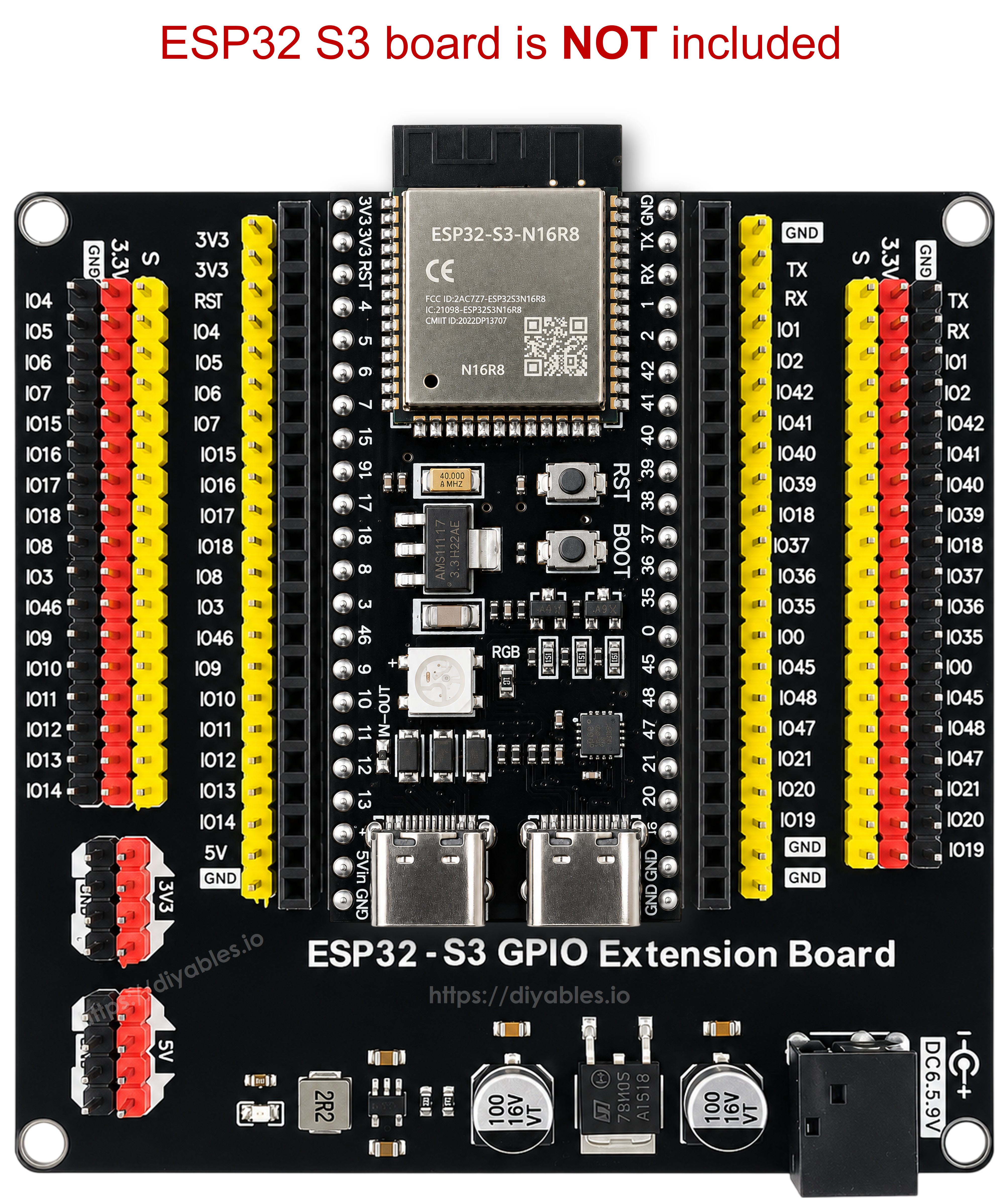 ESP32-S3 N16R8 44 pin board shown above the expansion board socket, development board not included