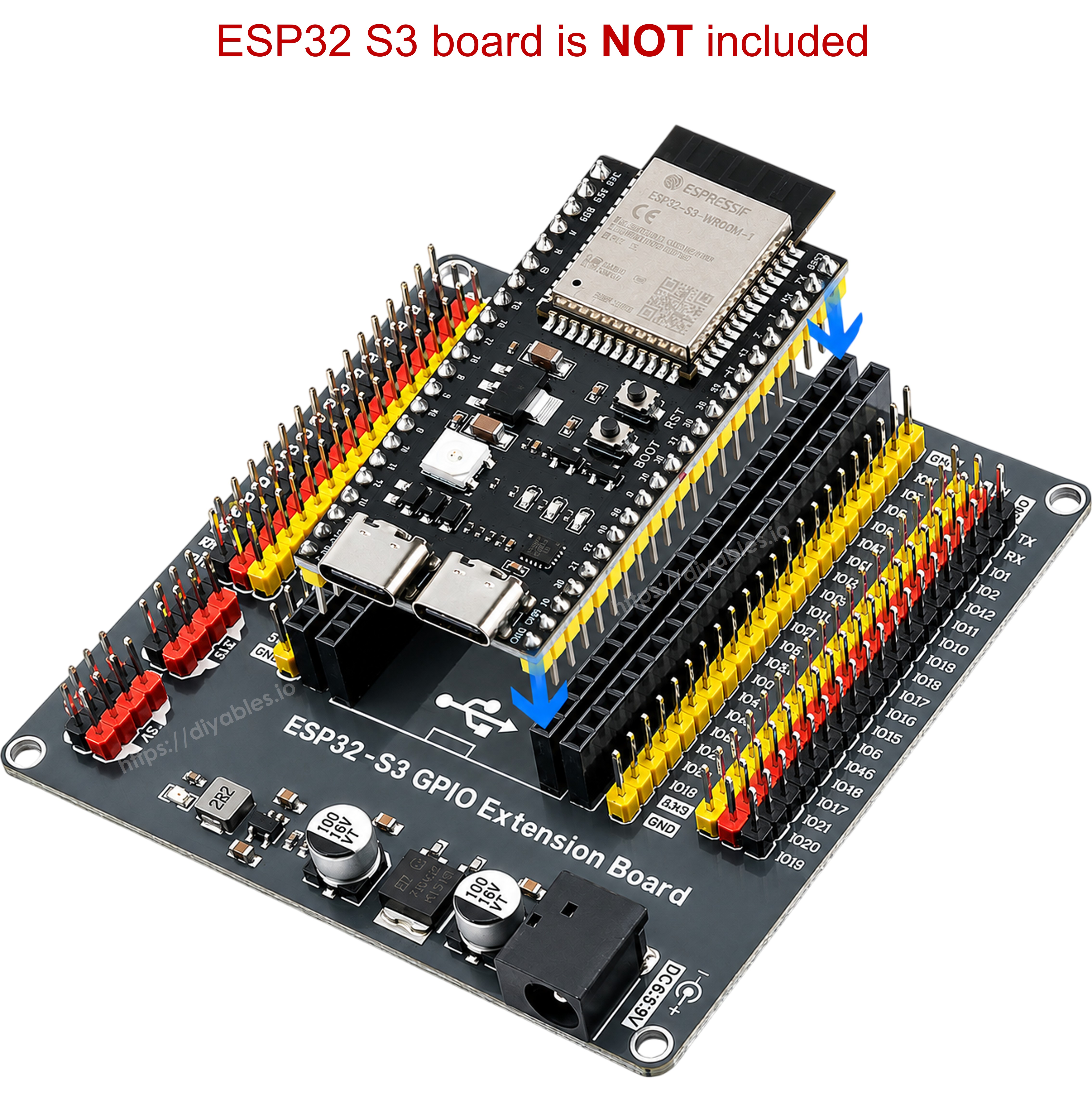 ESP32-S3-WROOM-1 board being inserted into the solder free 44 pin socket of the expansion board