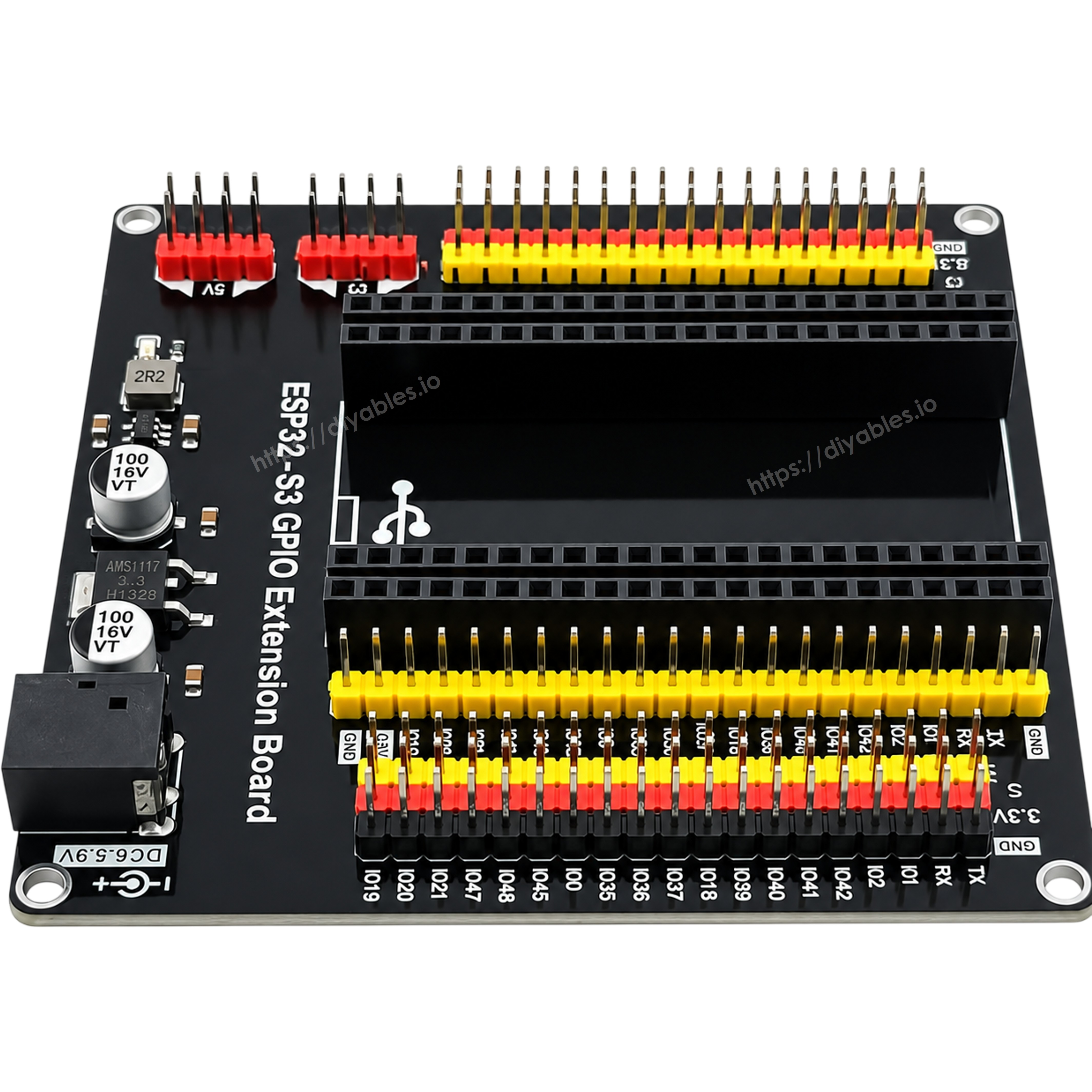 Angled view of the ESP32-S3 expansion board showing color coded GVS headers and 44 pin sockets