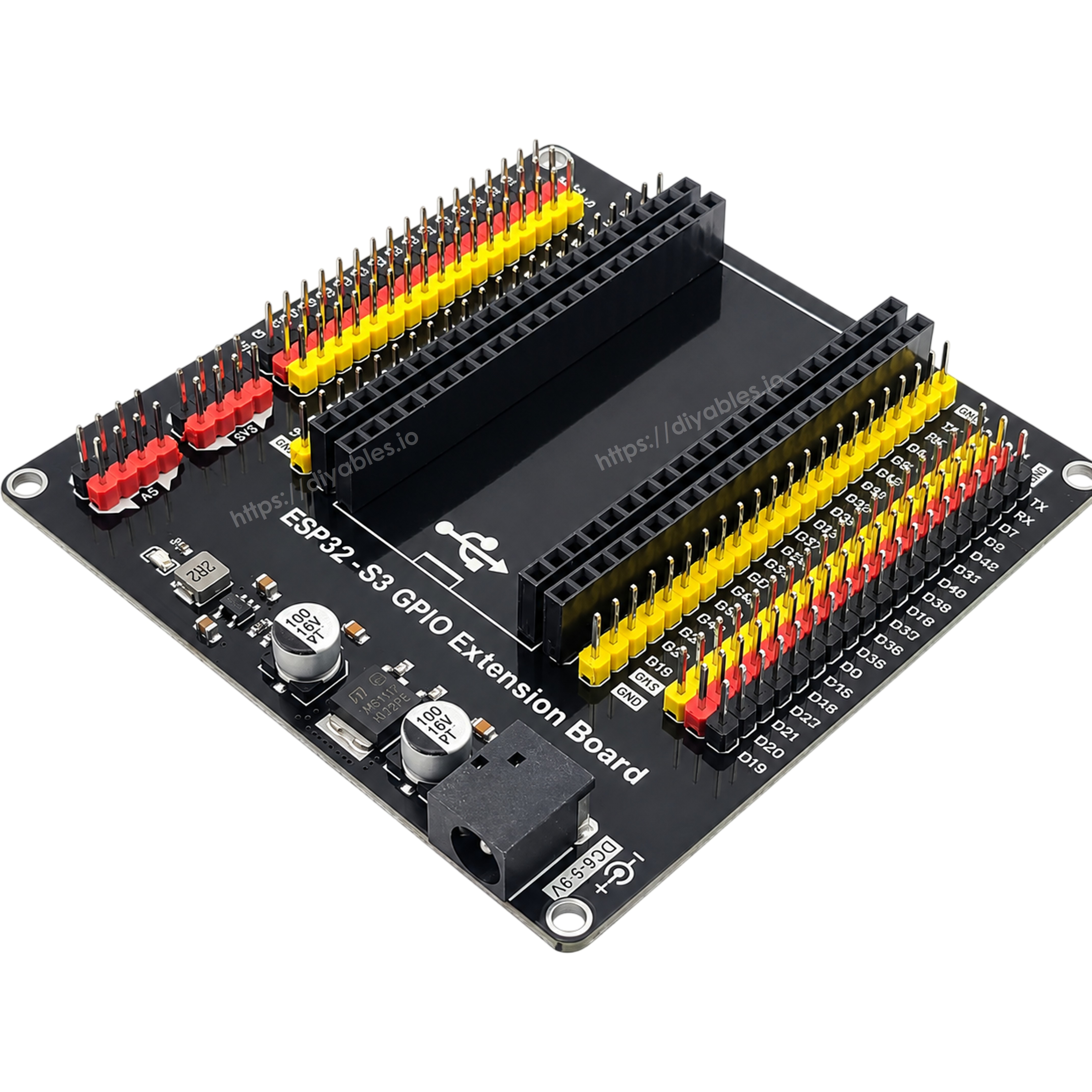 ESP32-S3 GPIO extension board angled view with the 3.3V and 5V output pin blocks visible