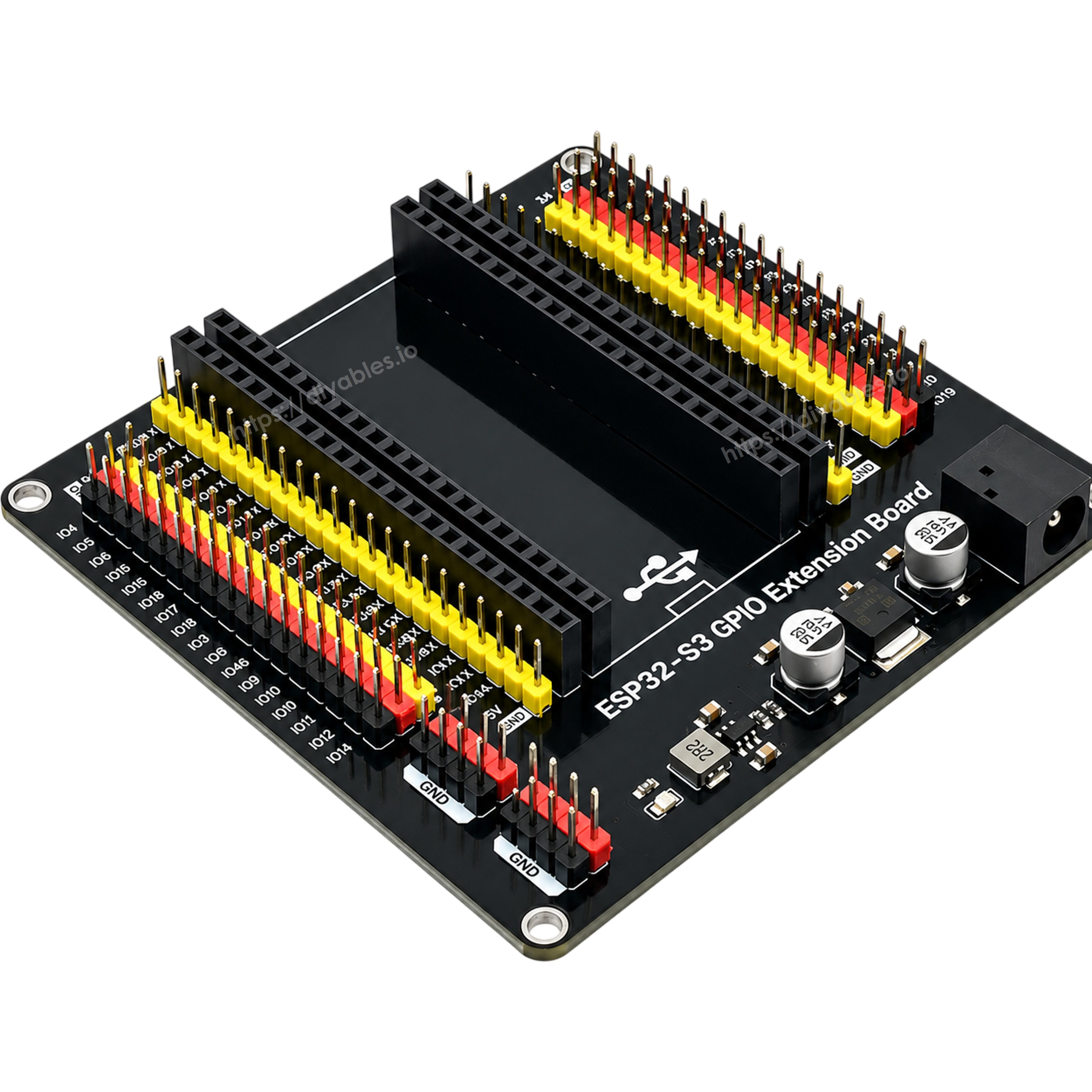 ESP32-S3 GPIO extension board showing both 44 pin sockets and the full double sided GVS rows