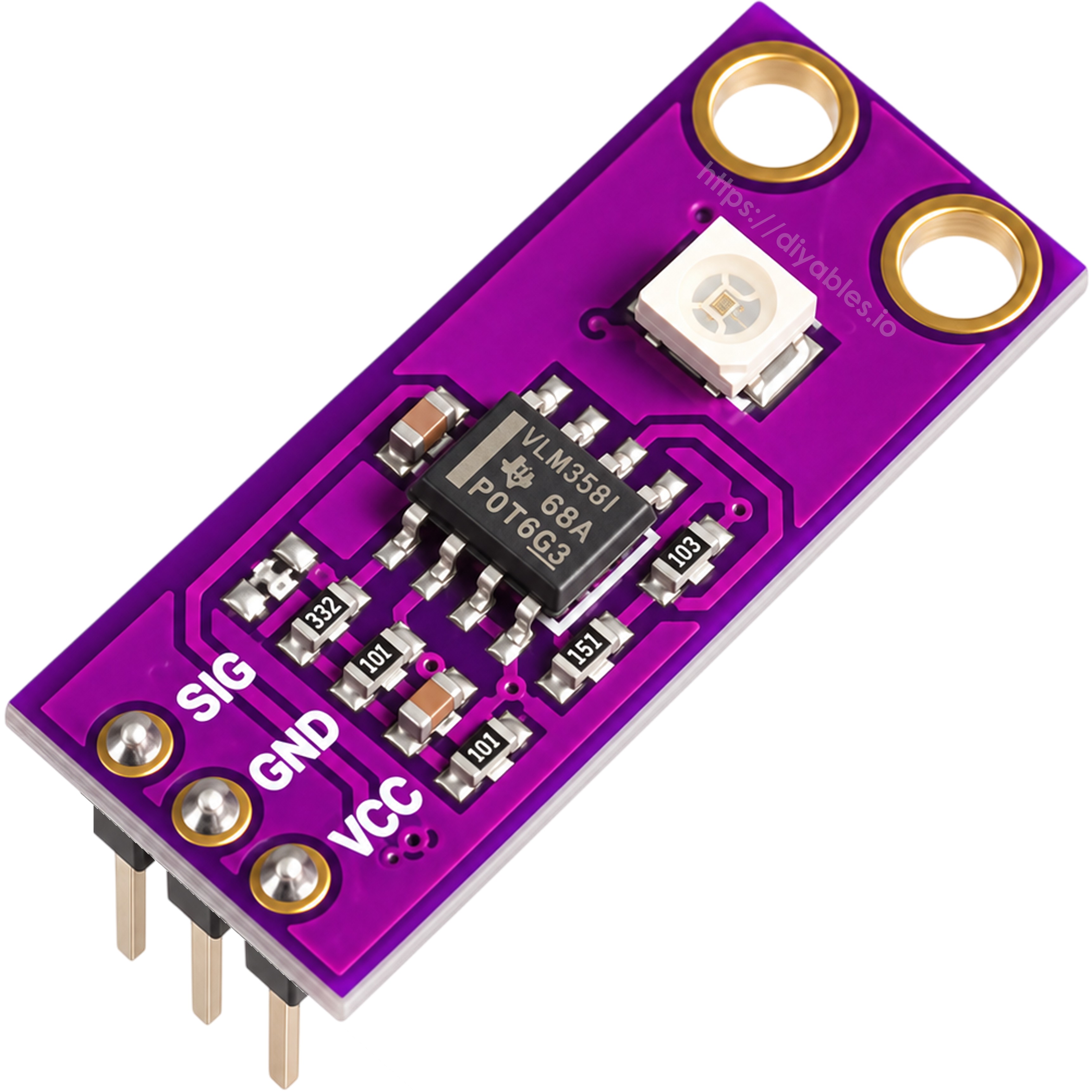 Purple GUVA-S12SD board showing the VLM358I op amp and gold plated mounting holes