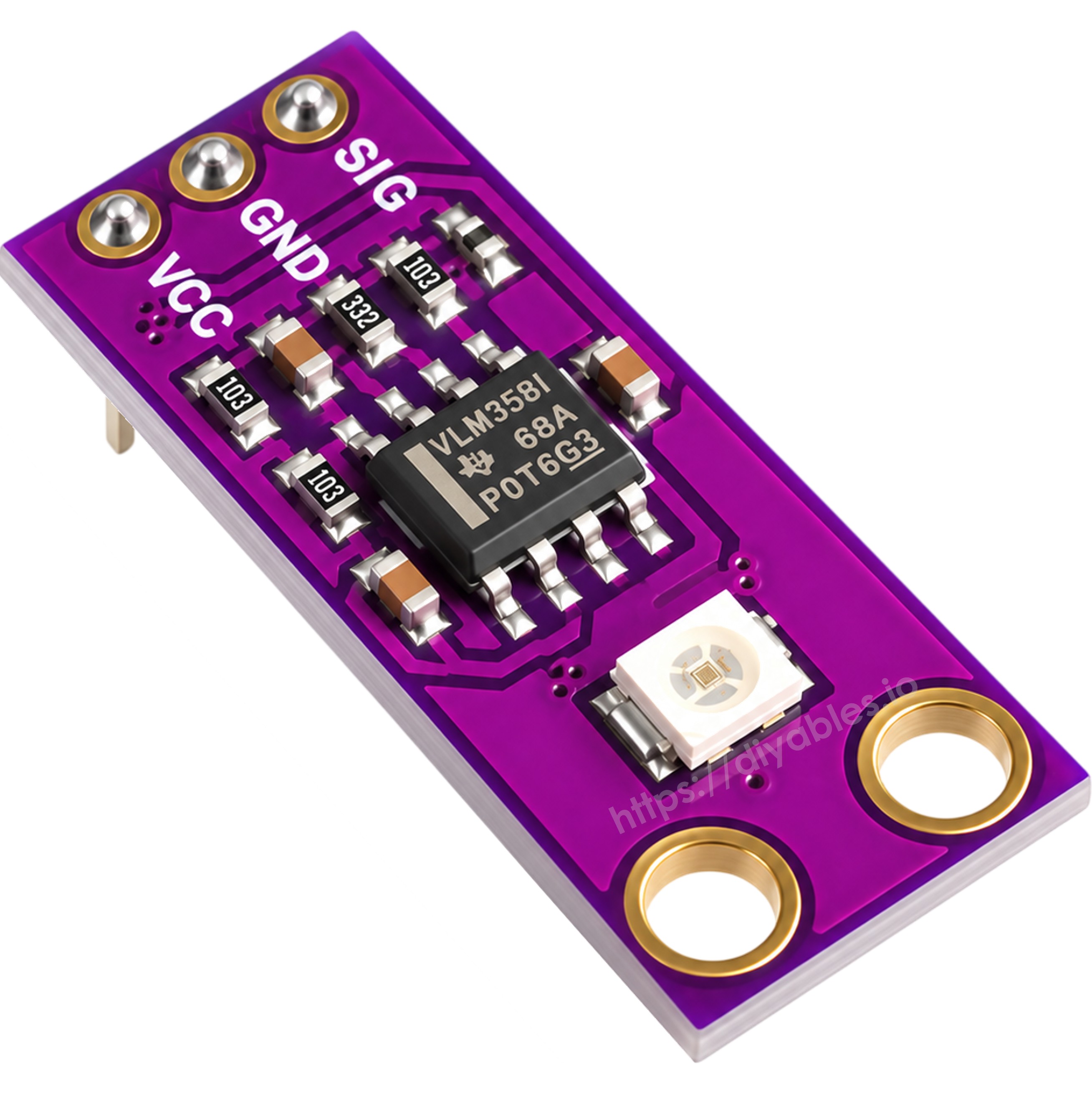 Angled view of the UV sensor module with SIG GND VCC pins and sensing element