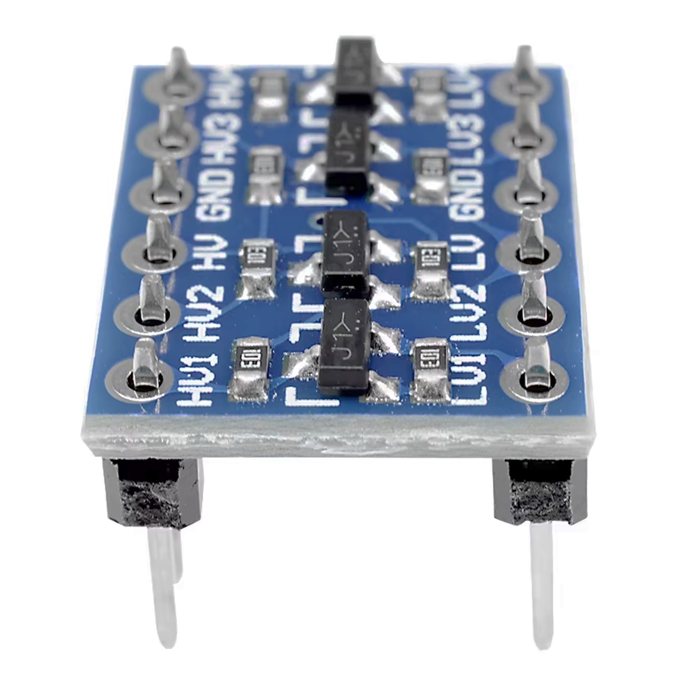 Close view of the level shifter board showing the four MOSFETs and pull-up resistors
