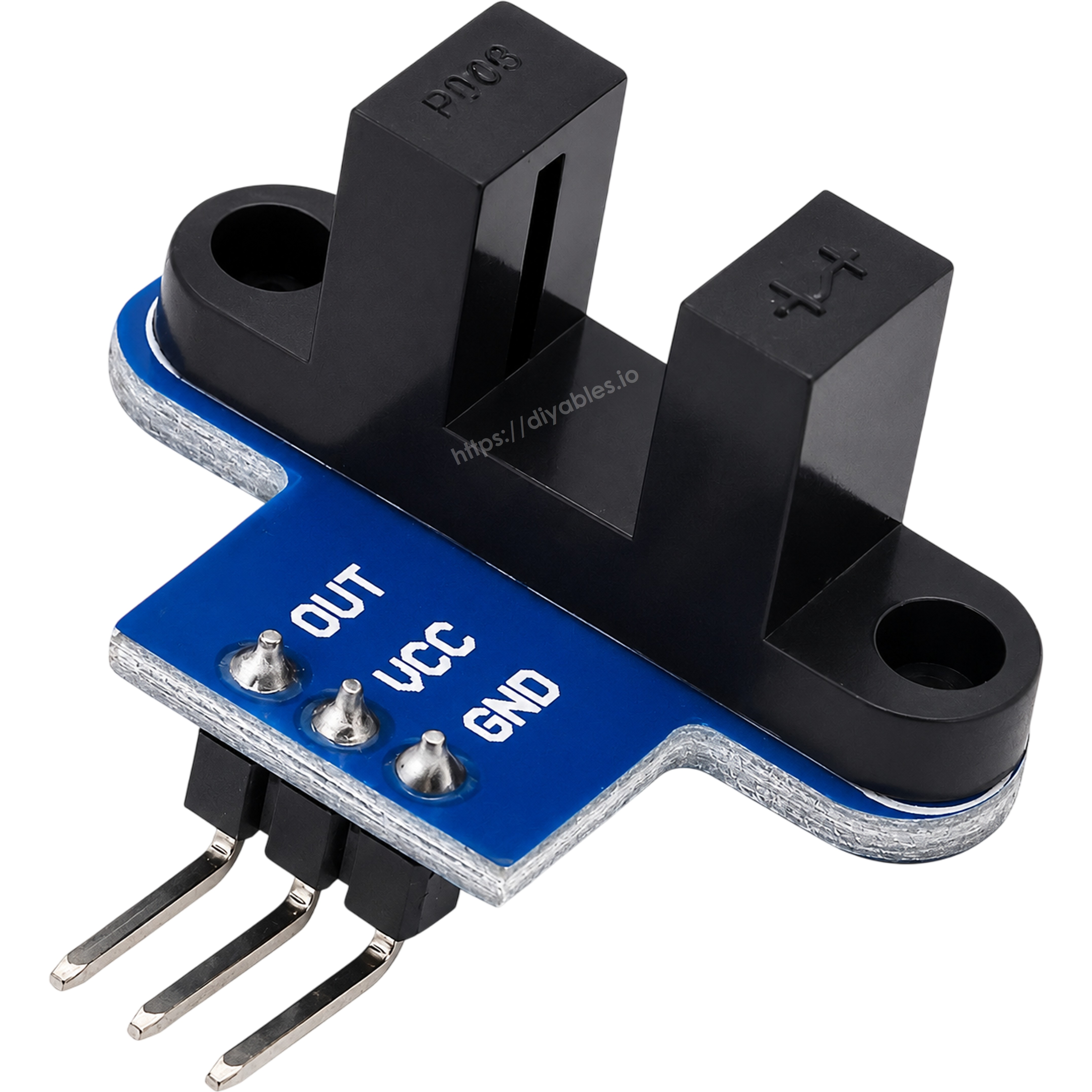 IR slotted optical speed sensor module reverse angle showing slot opening and 3-pin header