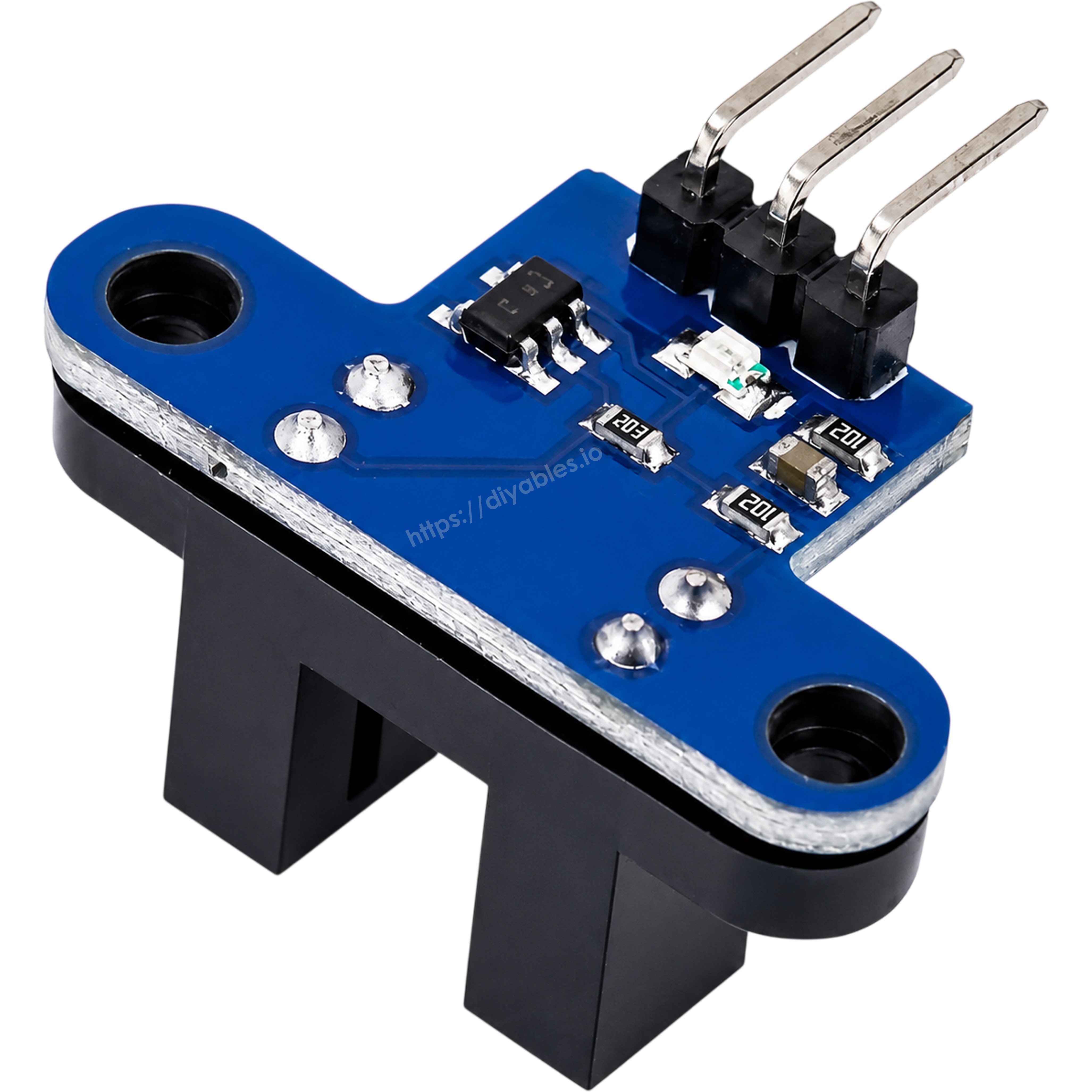 IR slotted optical speed sensor module PCB view showing phototransistor circuit and mounting holes