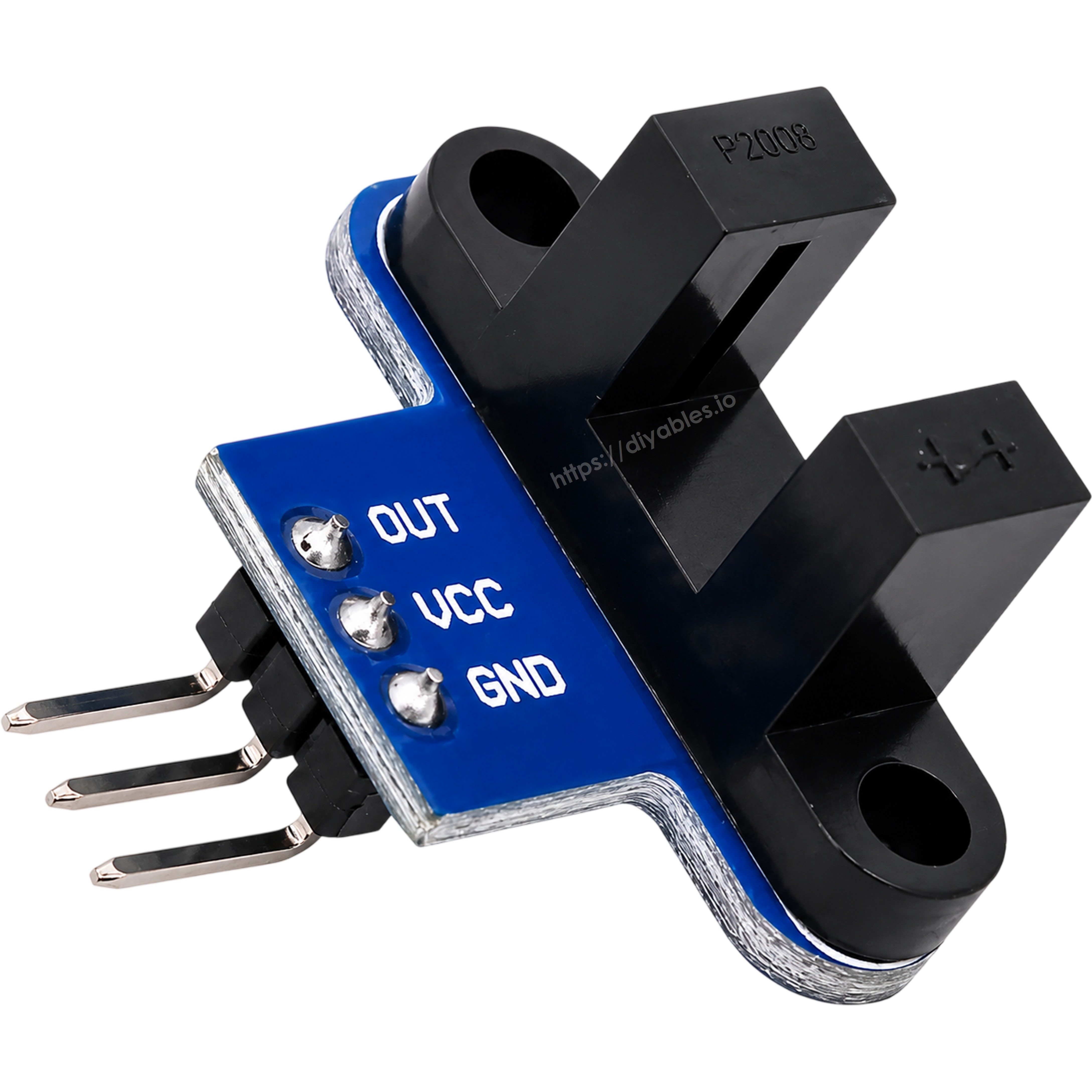 IR slotted optical speed sensor module top view showing OUT VCC GND labeled pin header