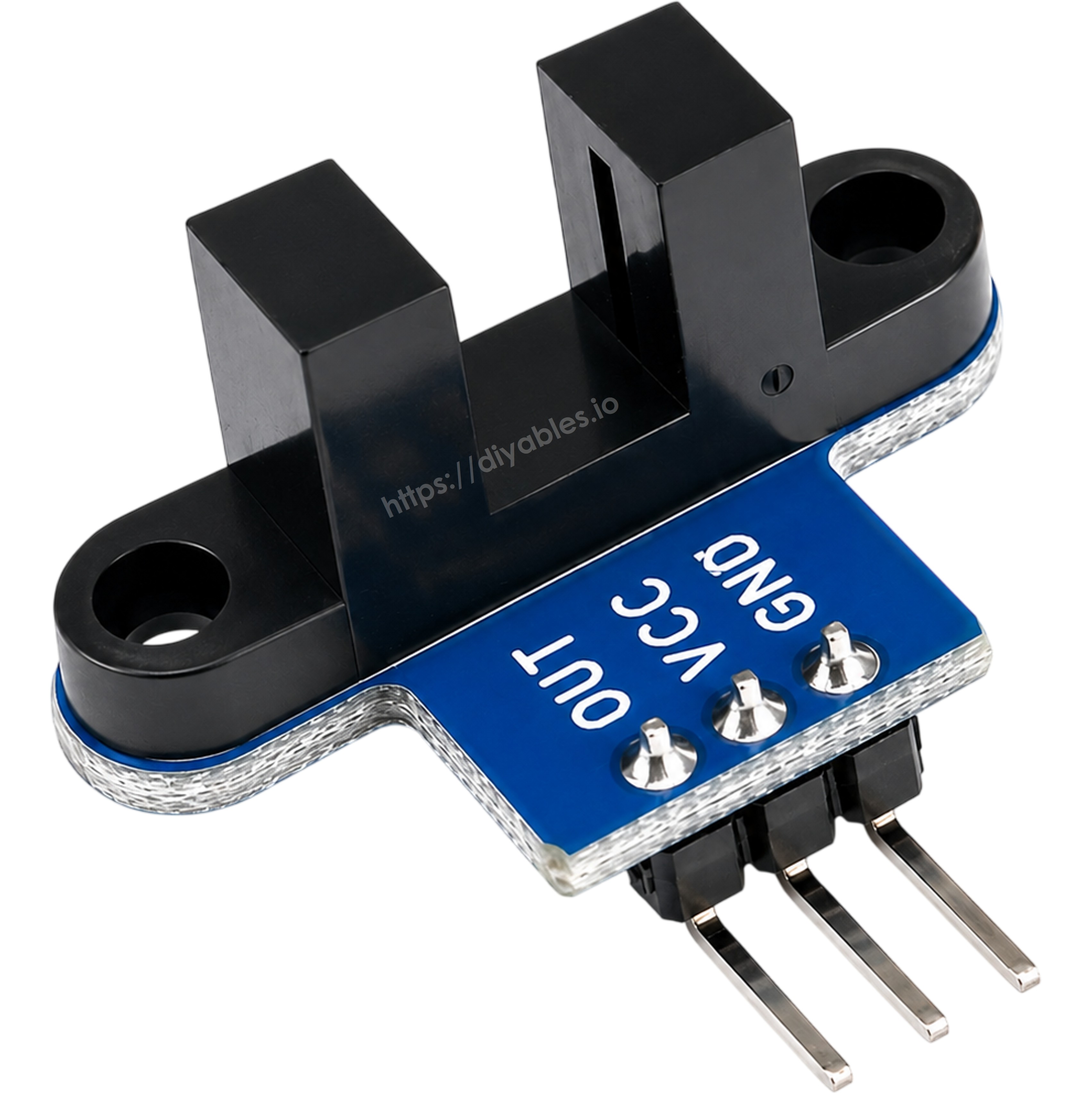 IR slotted optical speed sensor module bottom view showing slot opening and dual mounting holes