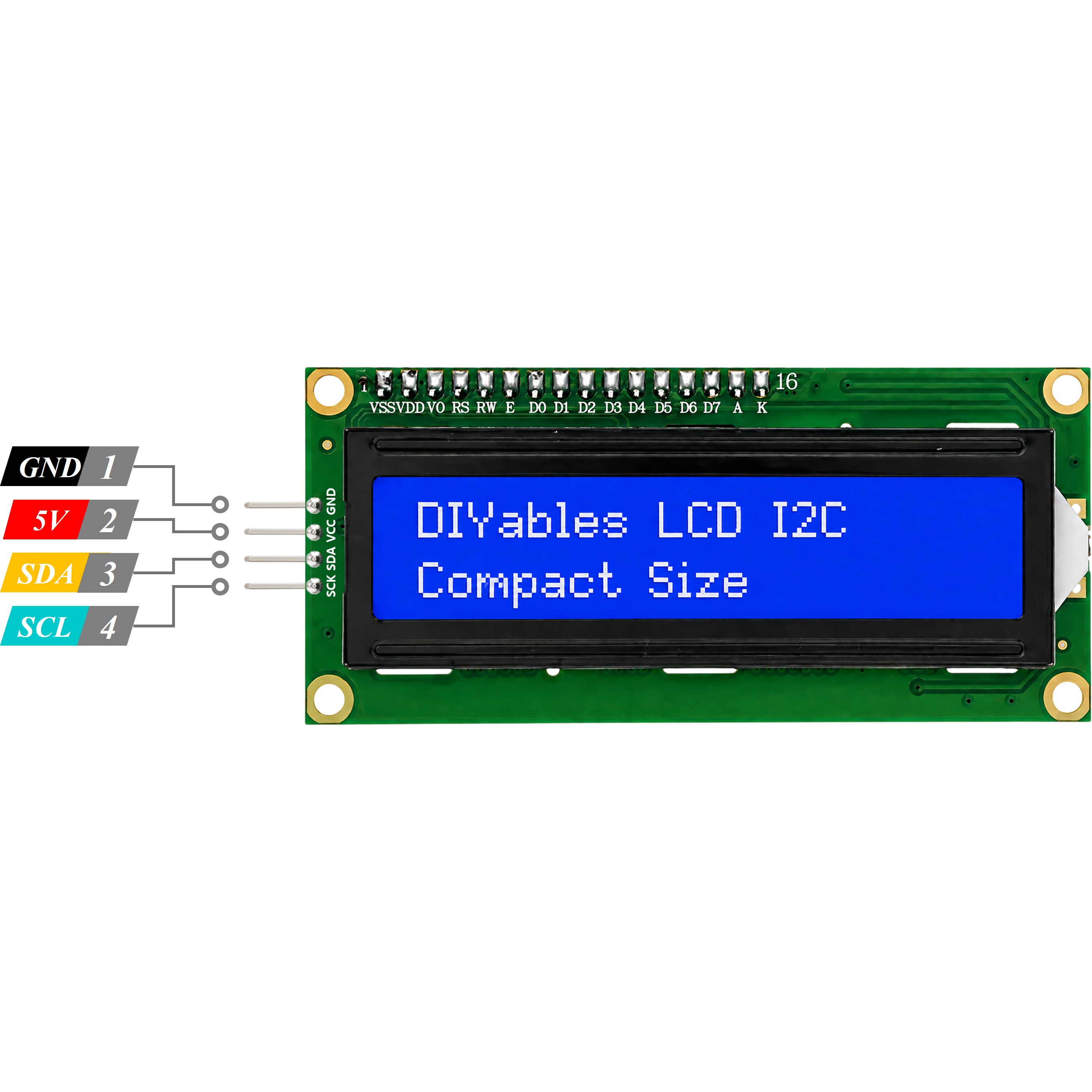 LCD 1602 I2C pinout diagram showing GND 5V SDA and SCL on the 4-pin header