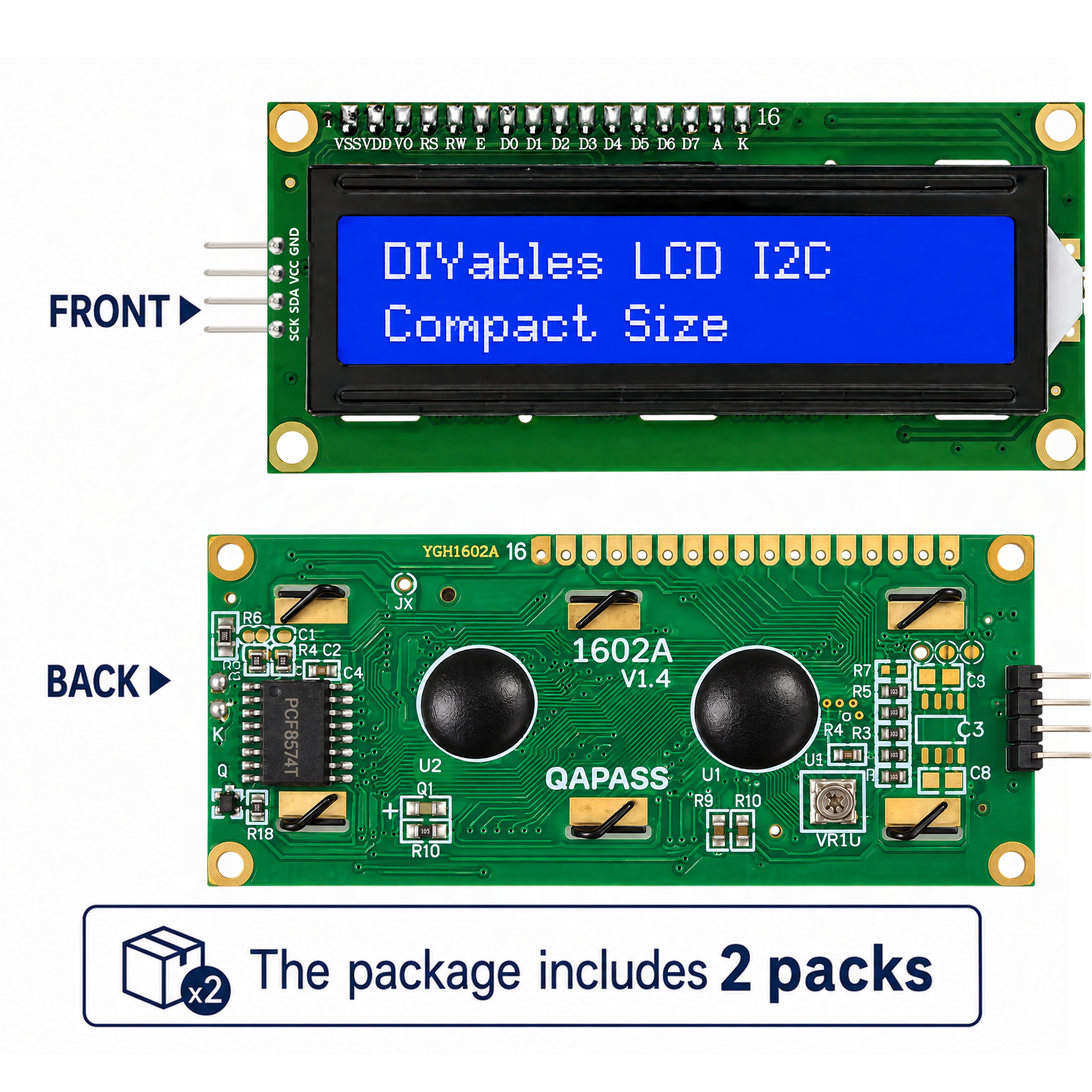 Front and back views of the 16x2 blue I2C LCD, package includes two modules