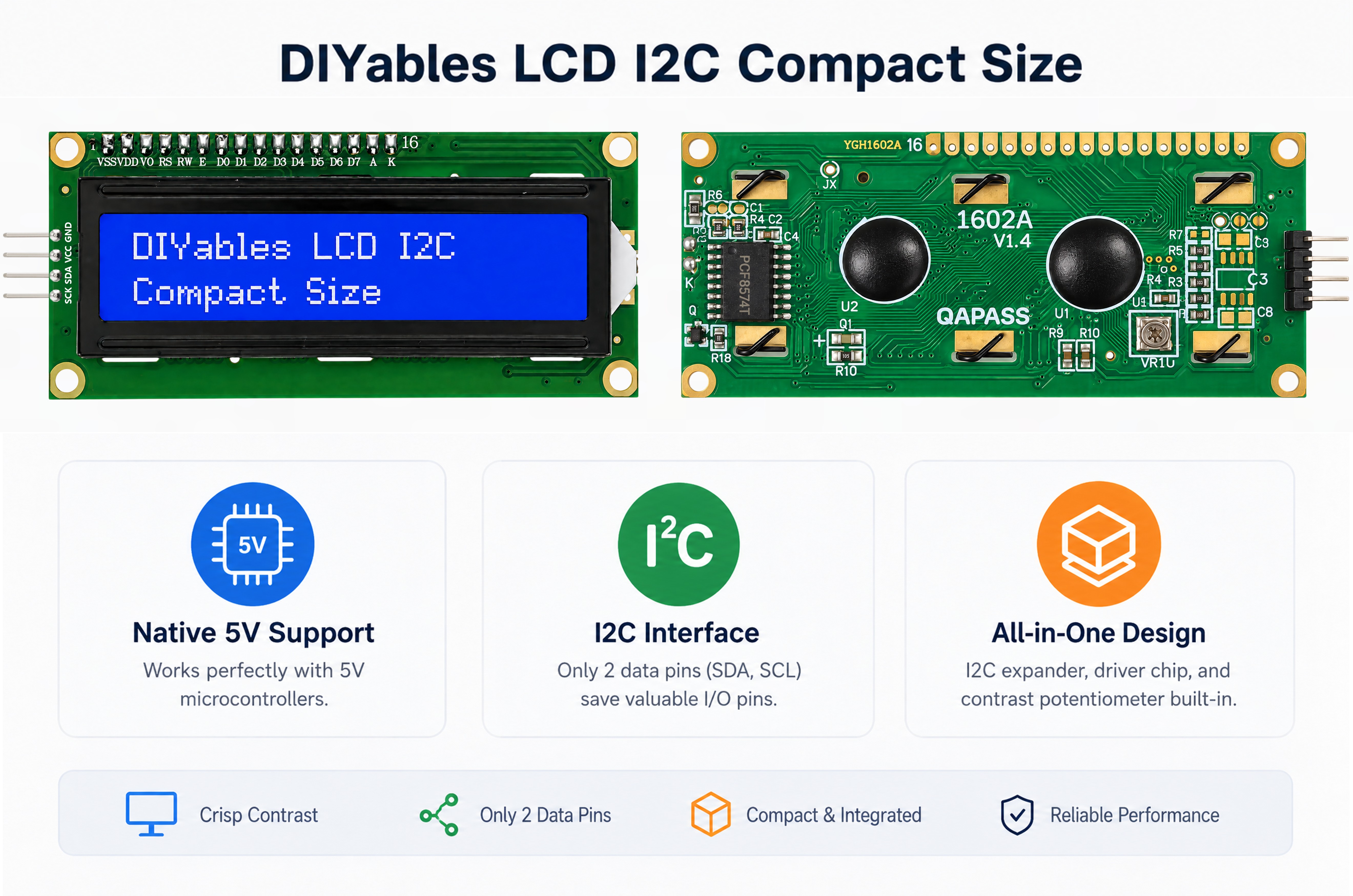 Compact LCD I2C feature overview with native 5V support, two data pins and built-in contrast