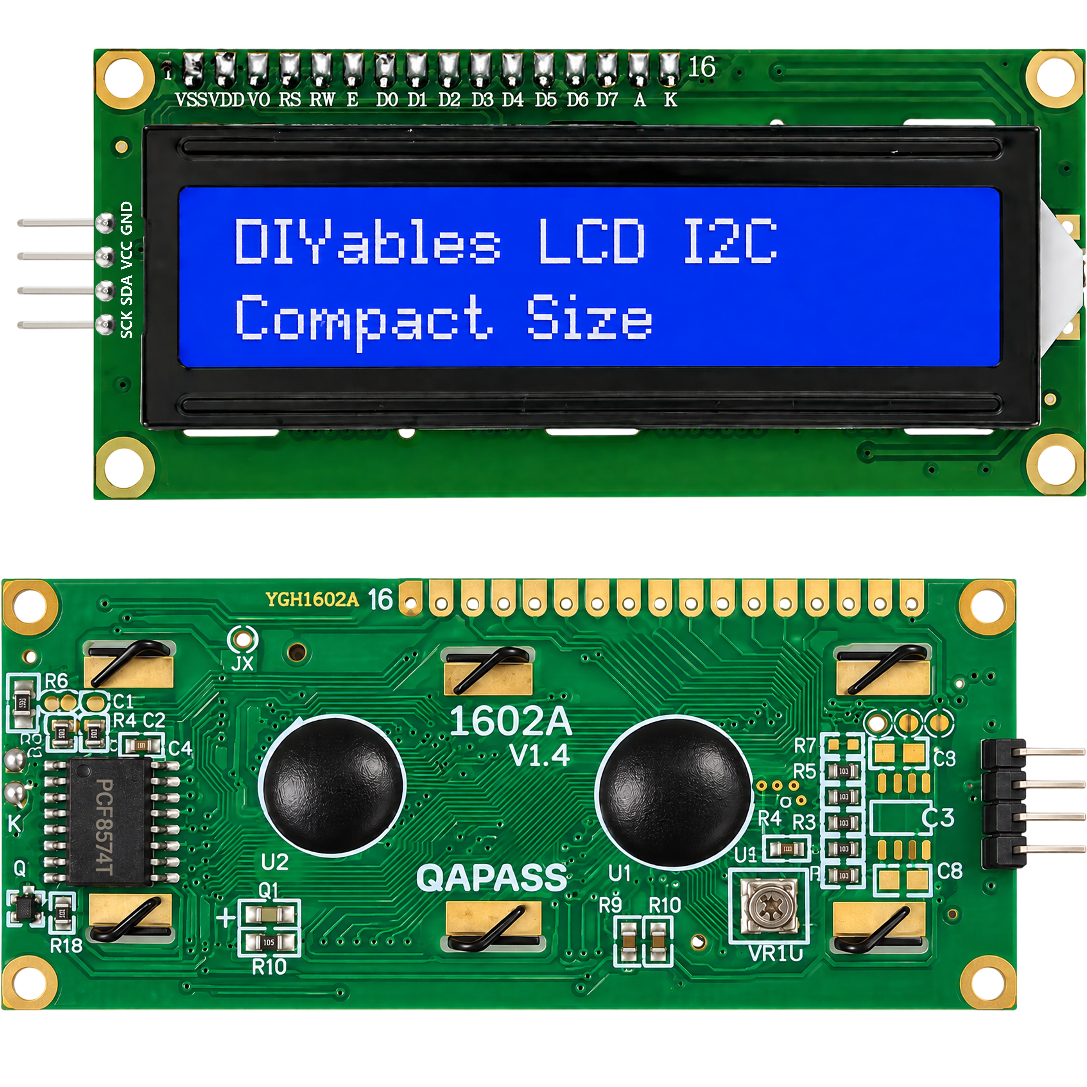 DIYables LCD 1602 I2C 16x2 blue display front and back with PCF8574T chip on PCB