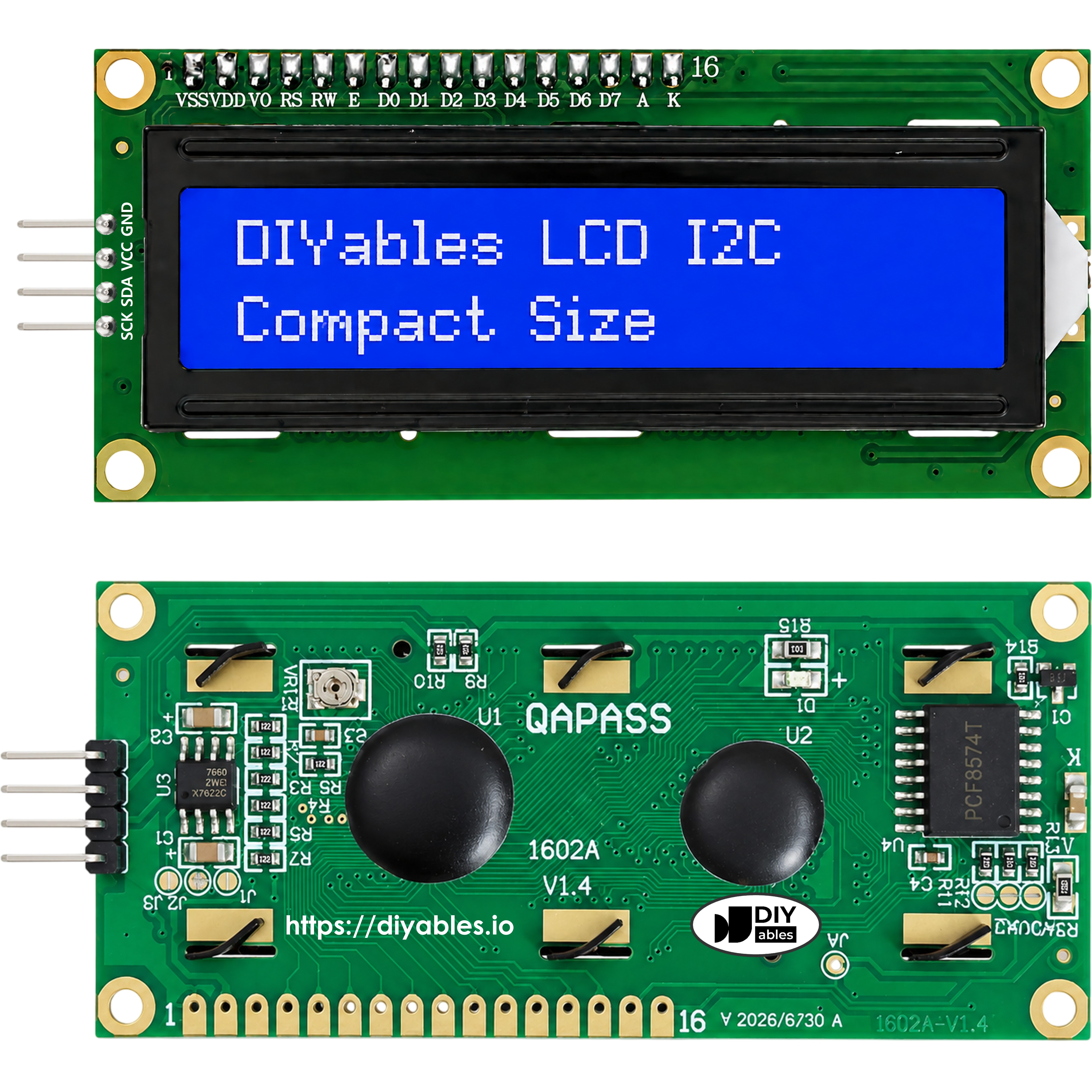 LCD1602 I2C module front showing blue backlight with white text and the back of the PCB