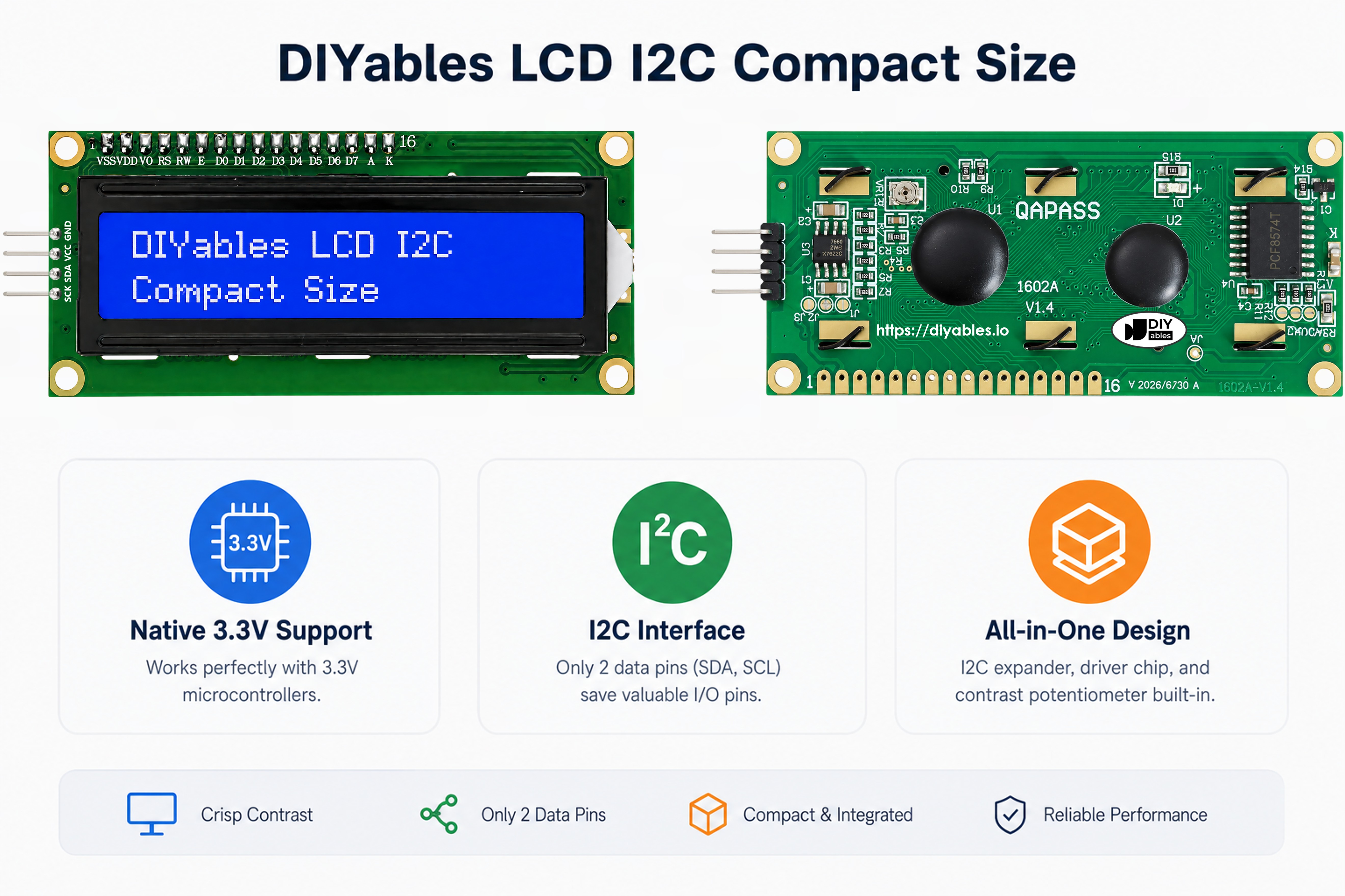DIYables LCD I2C compact size overview showing native 3.3V support and all in one board design