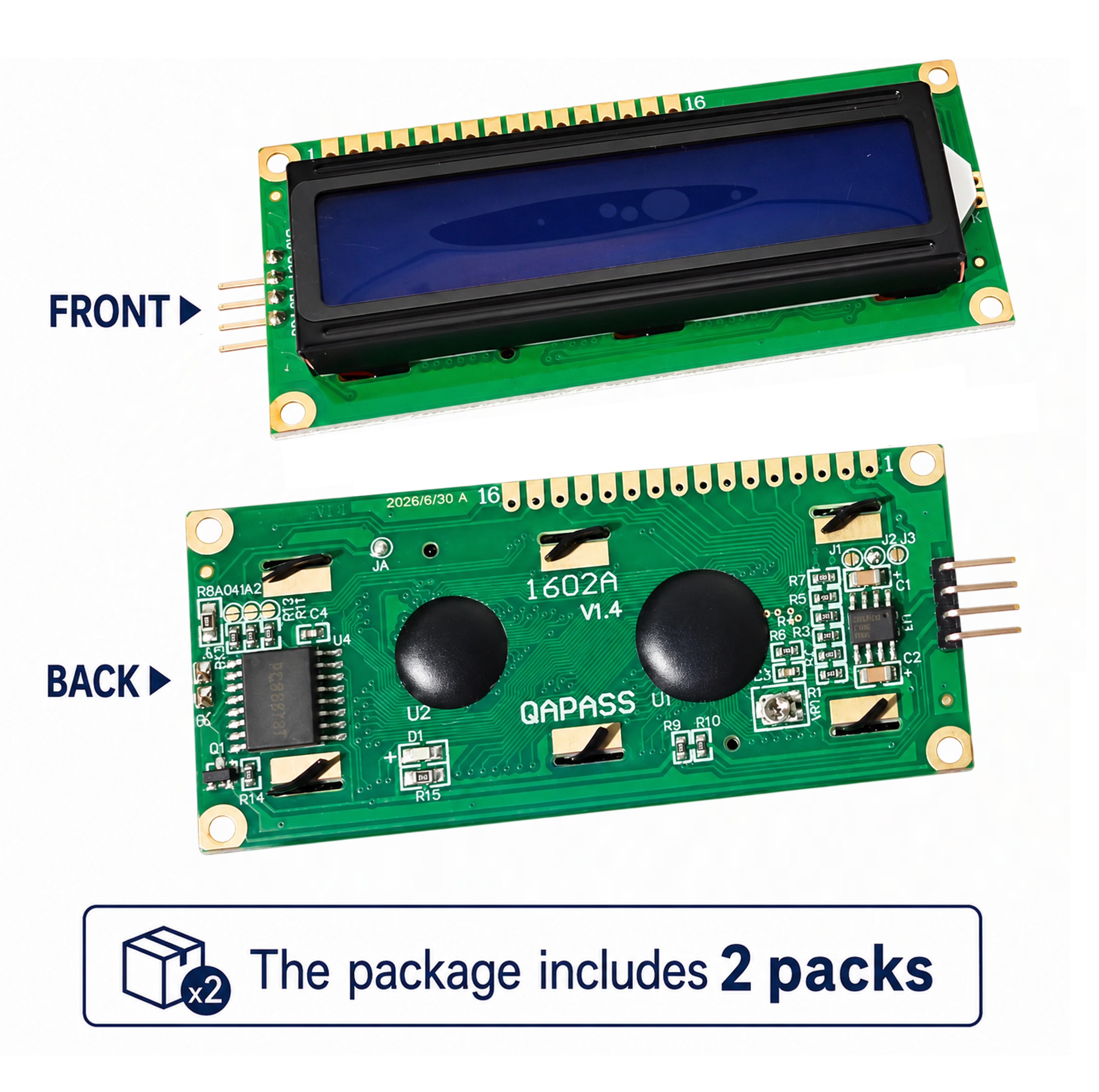 Front and back views of the LCD1602 I2C module noting that the package includes 2 packs