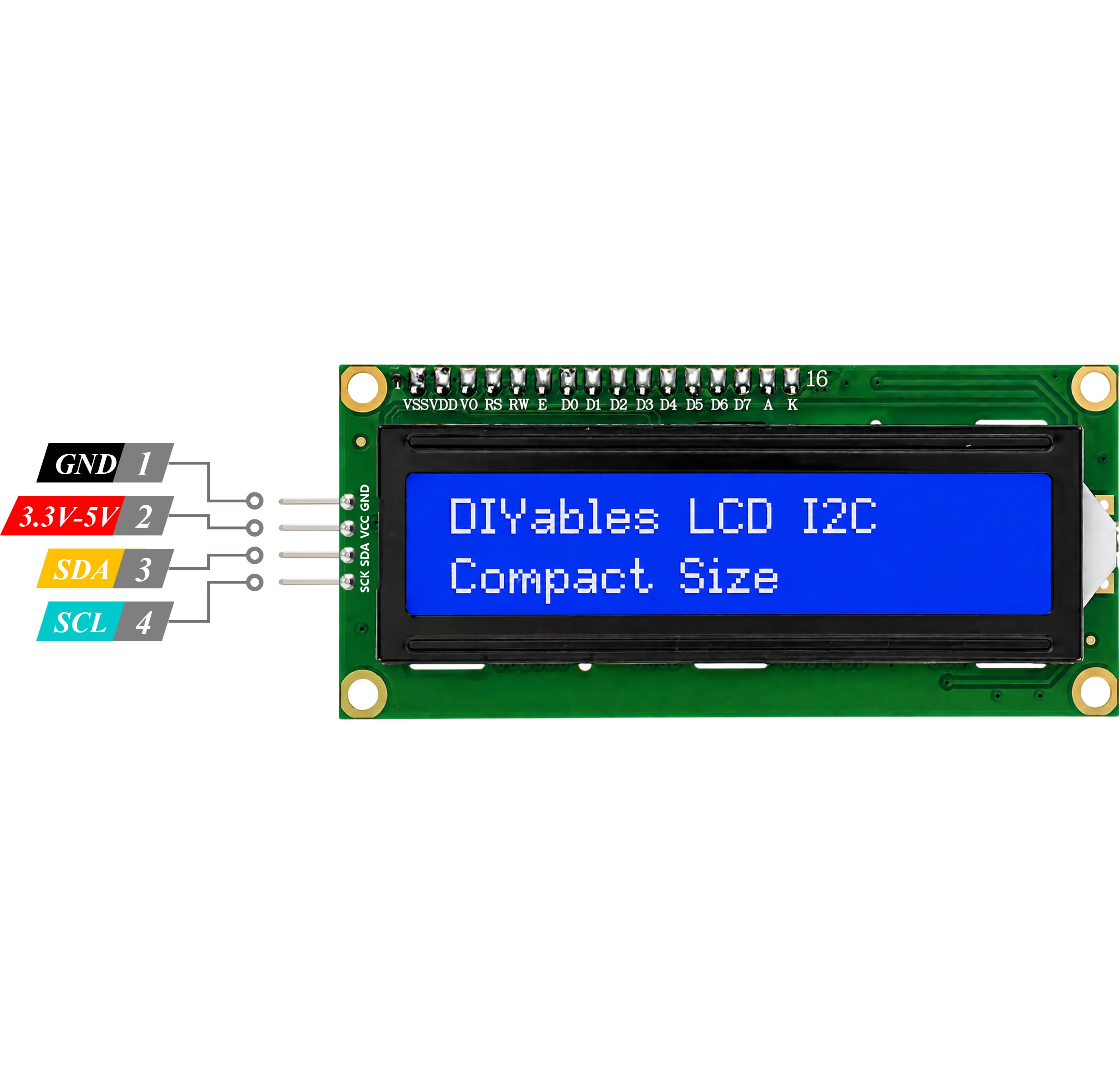 Front and back views of the LCD1602 I2C module noting that the package includes 2 packs