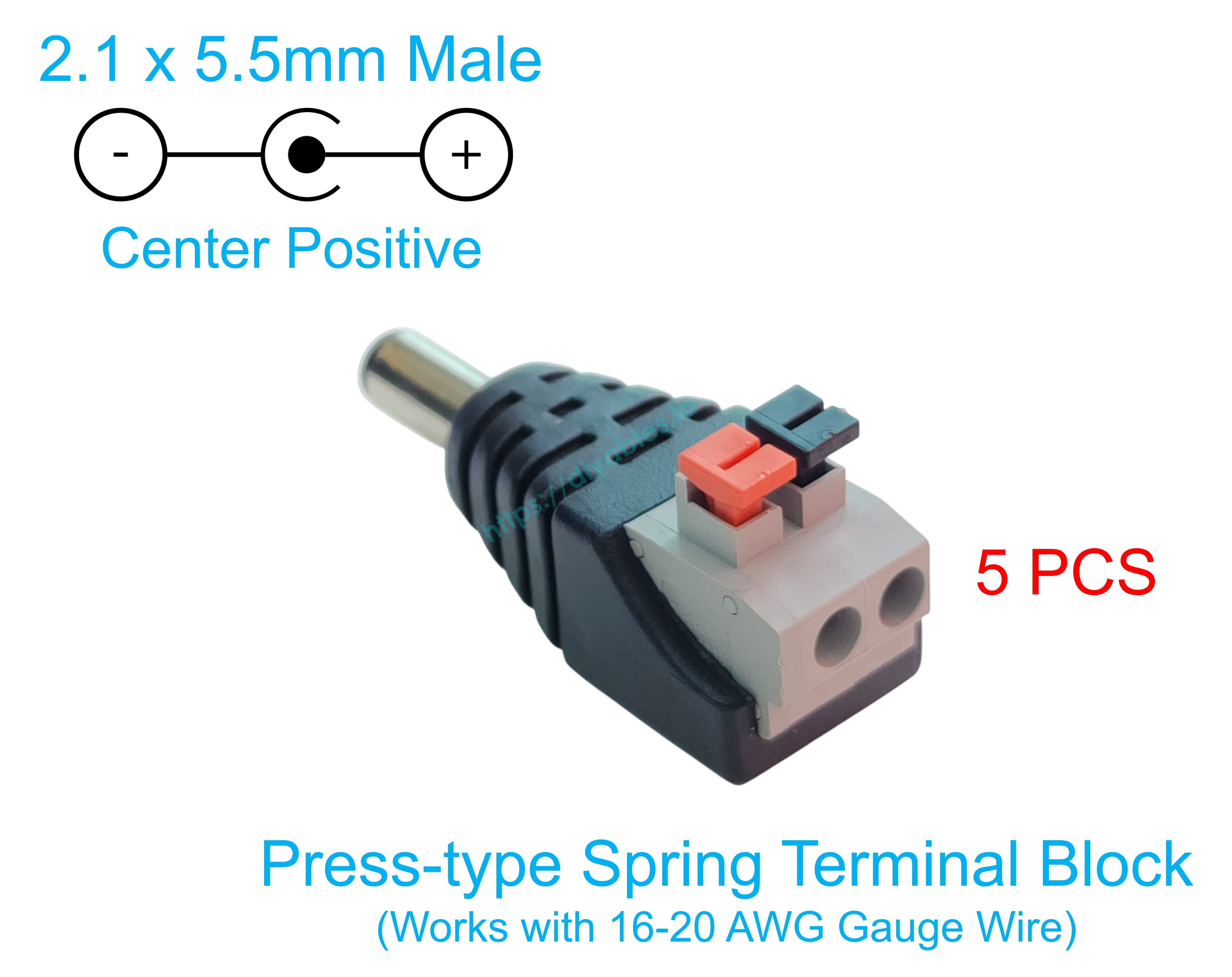 Arduino power distribution wiring using 5.5mm DC male plug to spring terminal block adapter