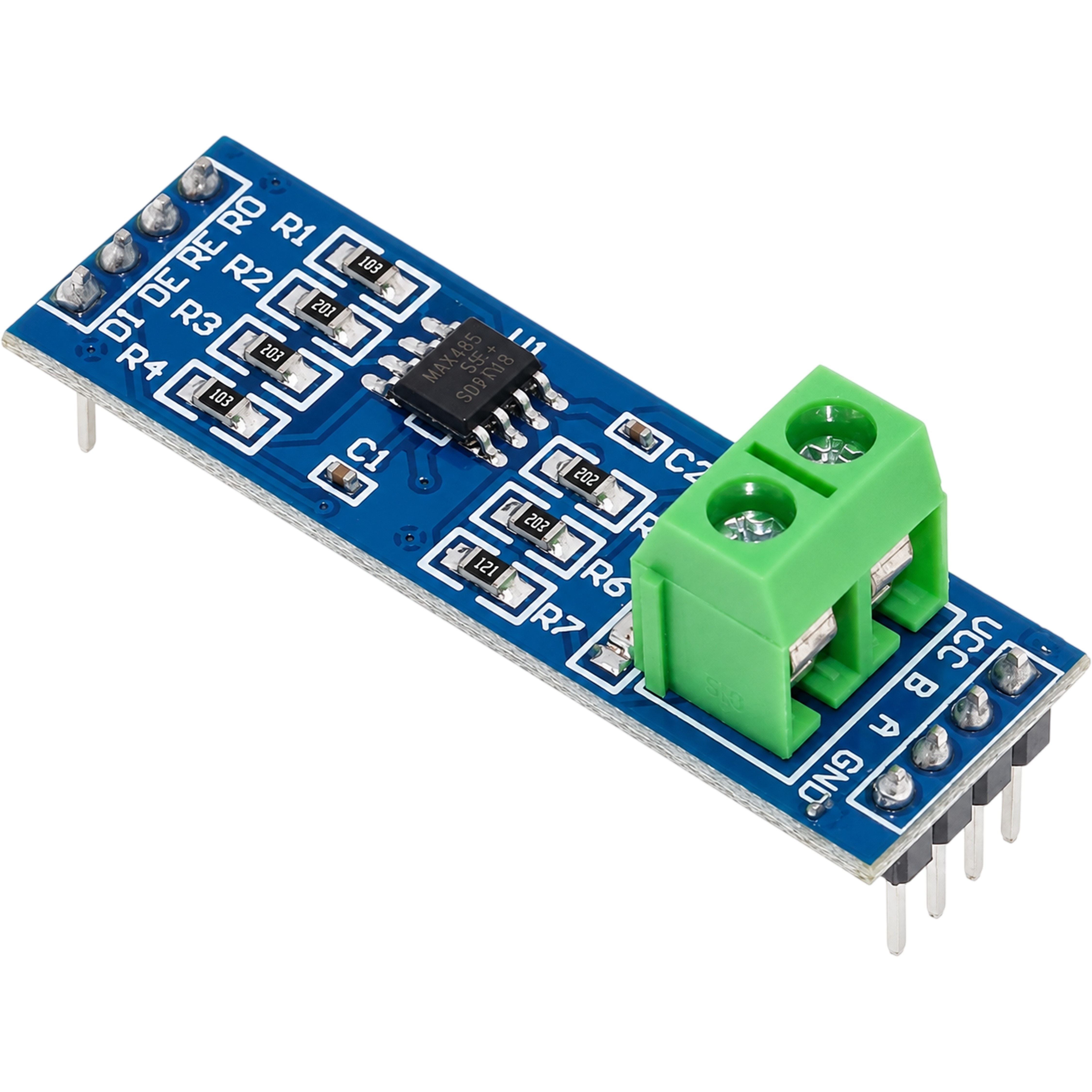 MAX485 RS485 transceiver module top view showing chip DI DE RE RO pins and A B screw terminal