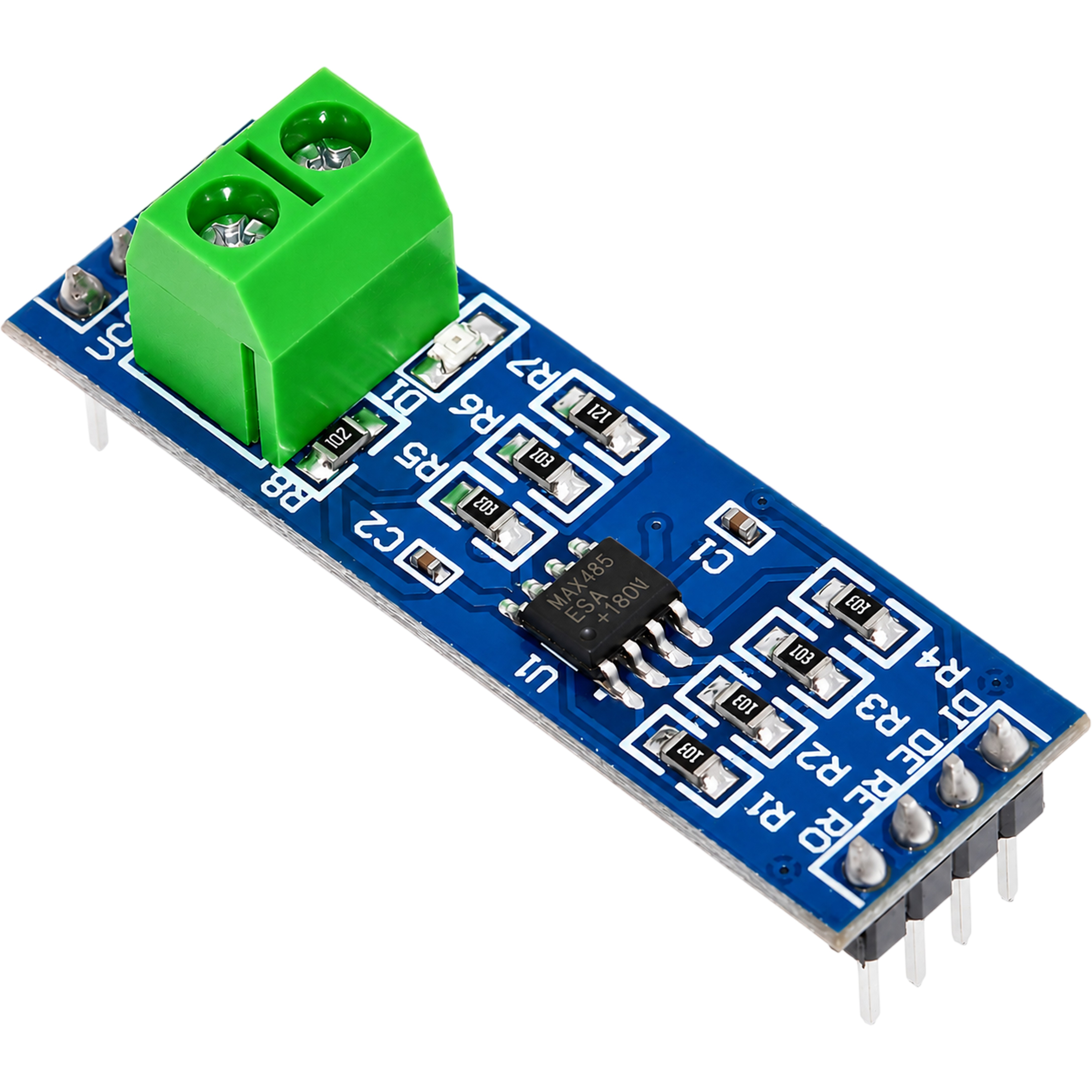 MAX485 RS485 transceiver module alternate angle showing resistor array and VCC B A GND pins