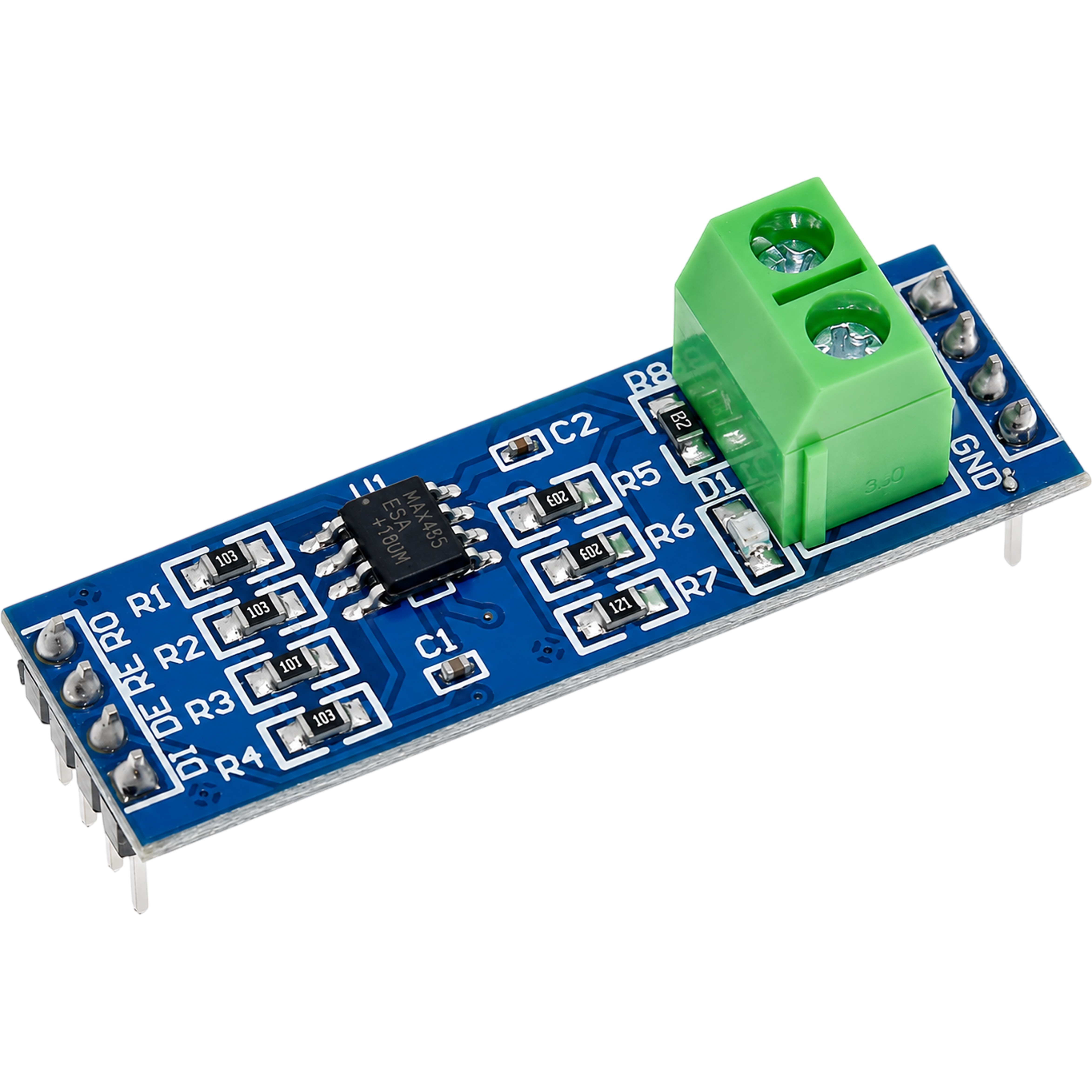 MAX485 RS485 transceiver module dimensions showing 44.1mm by 13.8mm PCB size