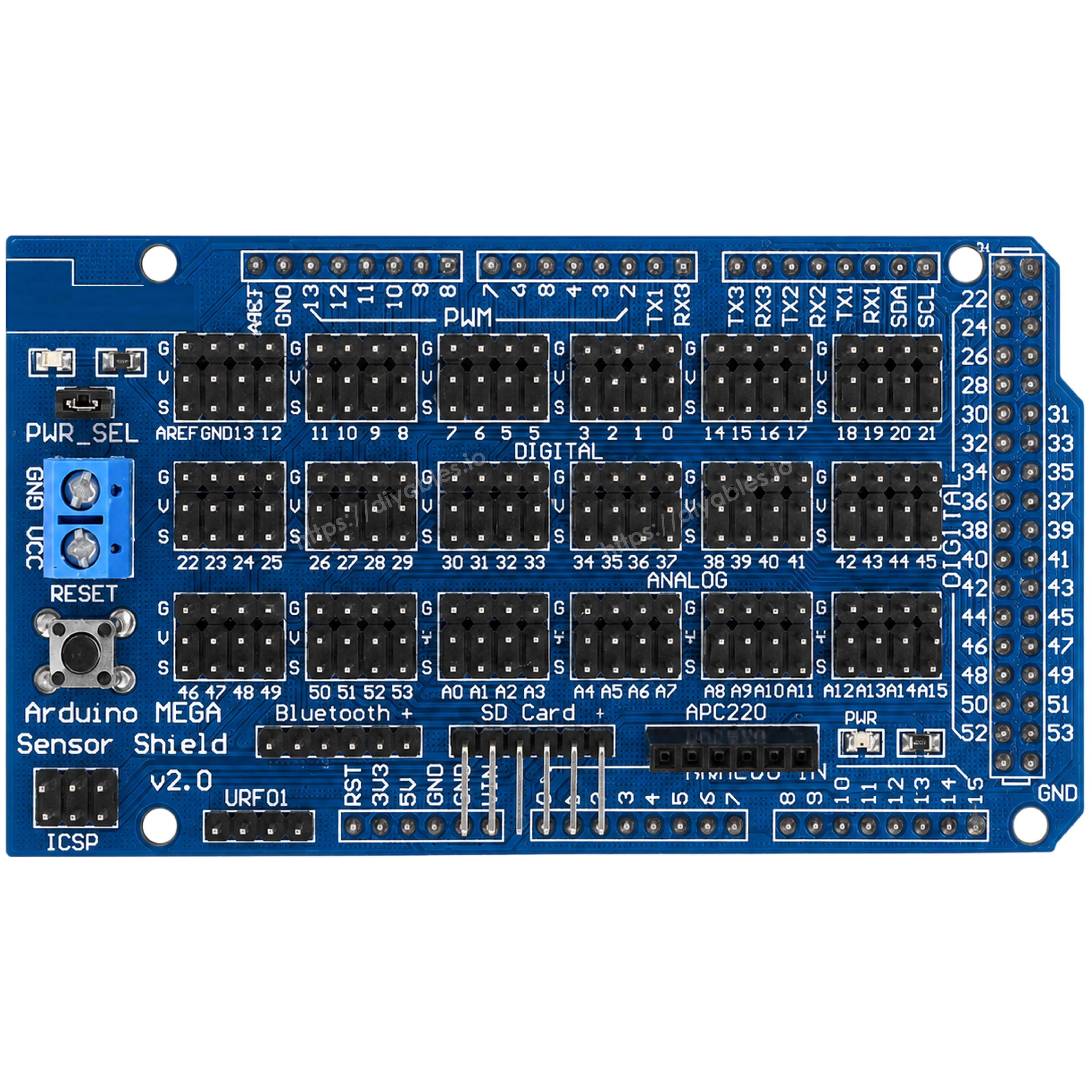 Arduino Mega 2560 sensor shield V2.0 showing 3-pin VCC GND Signal interfaces for sensors and servos